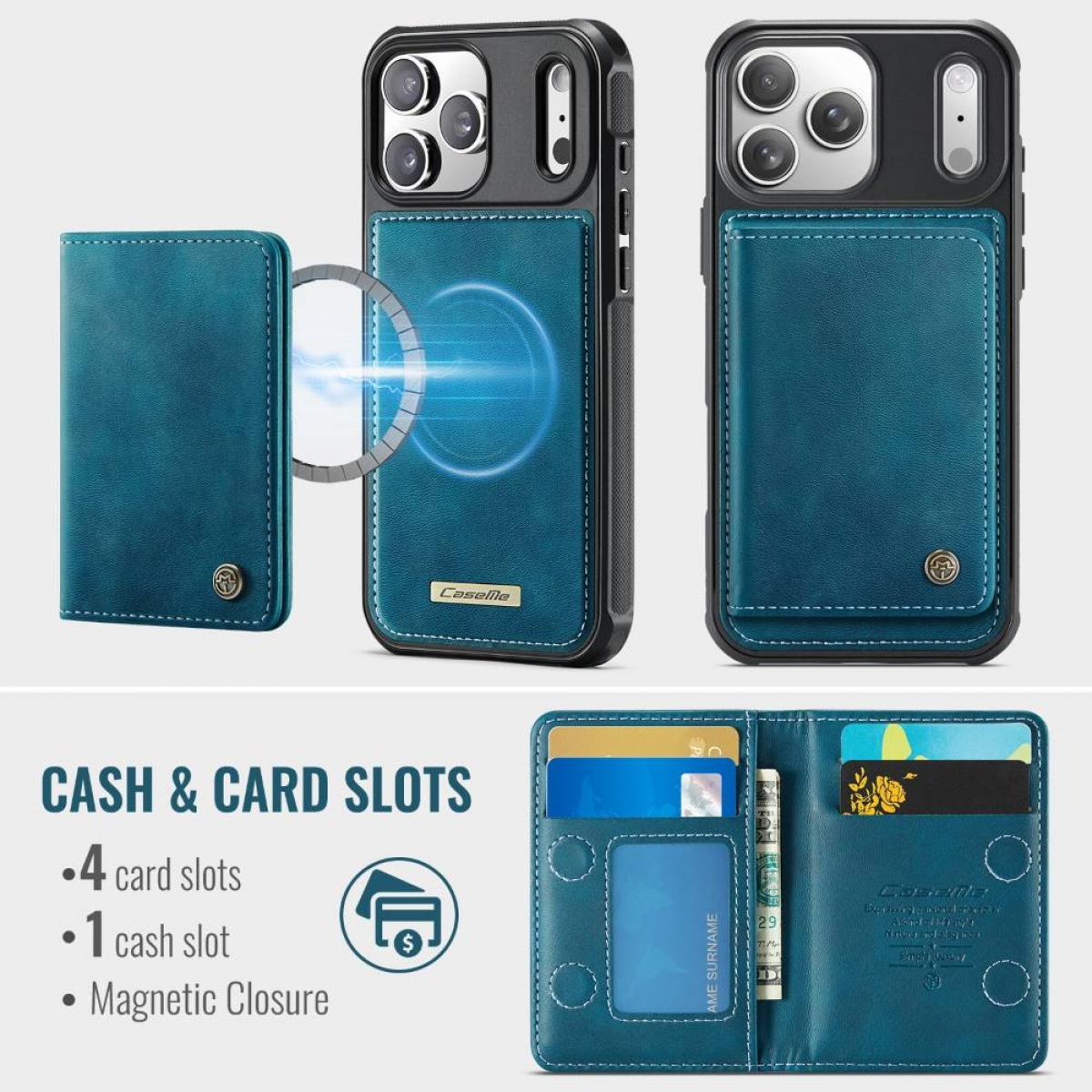 Blauer Leder-Kartenetui-Telefonkasten mit Magnetverschluss und mehreren Fächern.