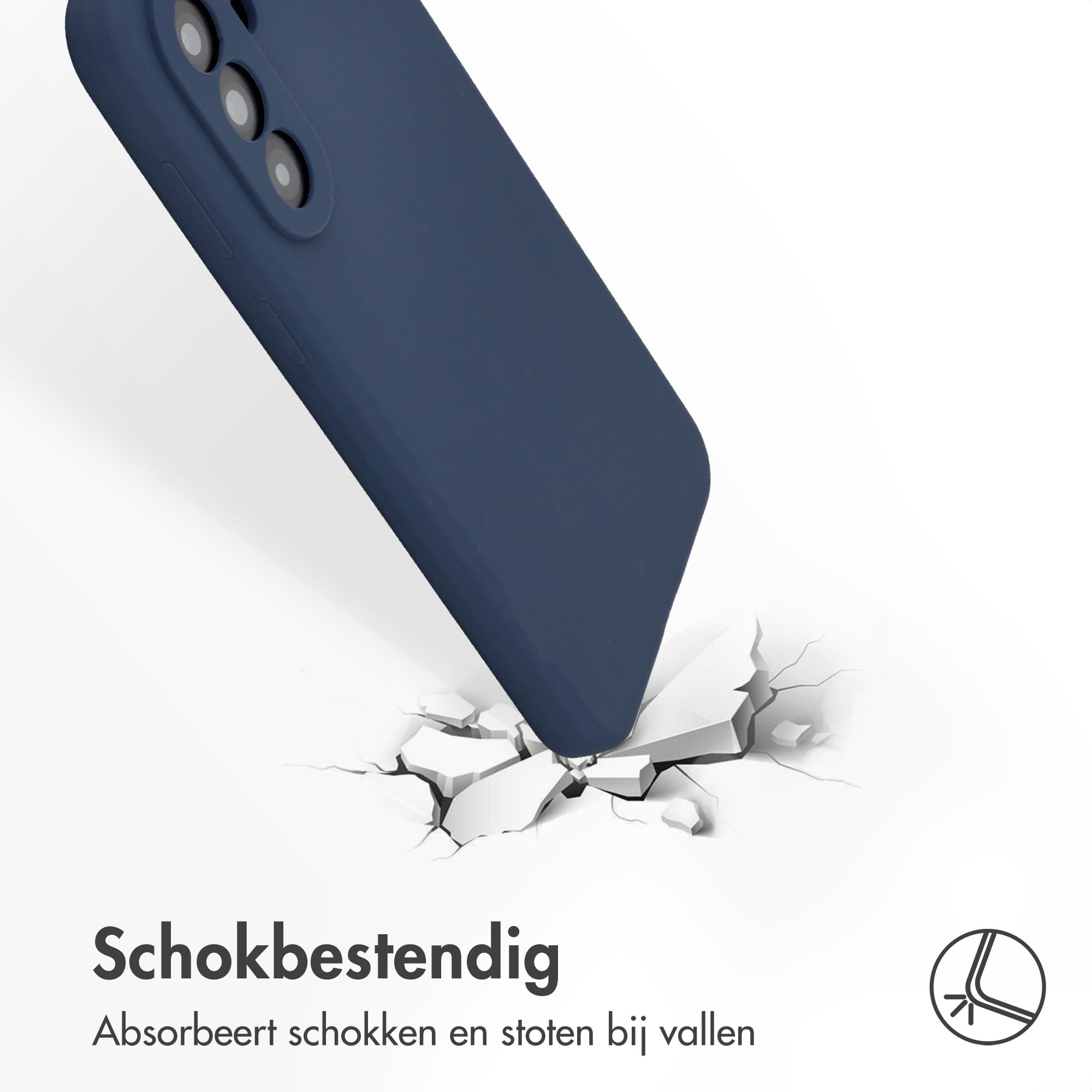 Dunkelblaues Handycover bricht durch weiße Oberfläche. Stoßfest-Symbol.