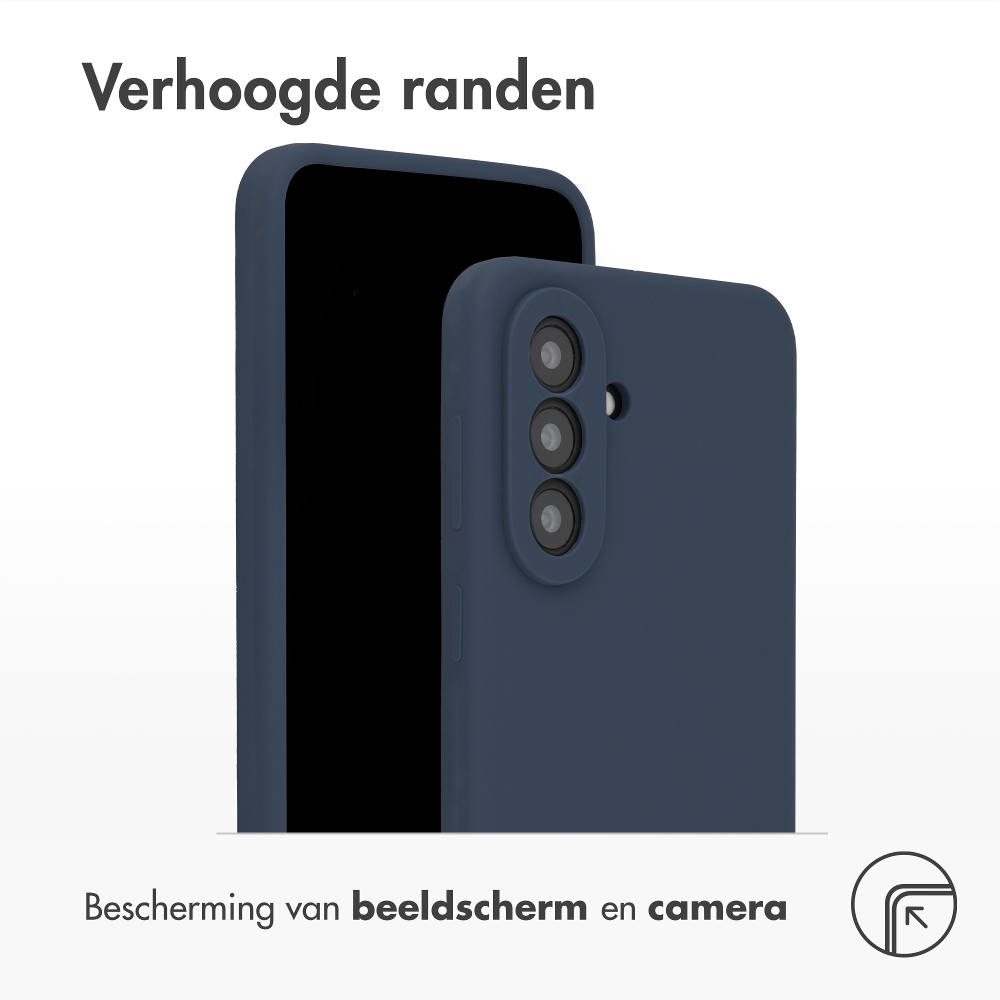 Dunkelblaues Handy mit erhöhten Rändern, Kameraobjektiven und Text.