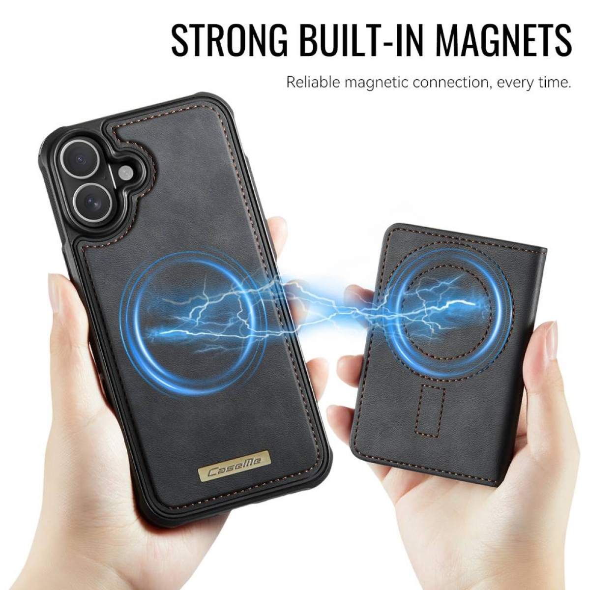 Zwei Hände halten schwarze Handyhüllen mit Magneten und blauen Lichtblitzen.