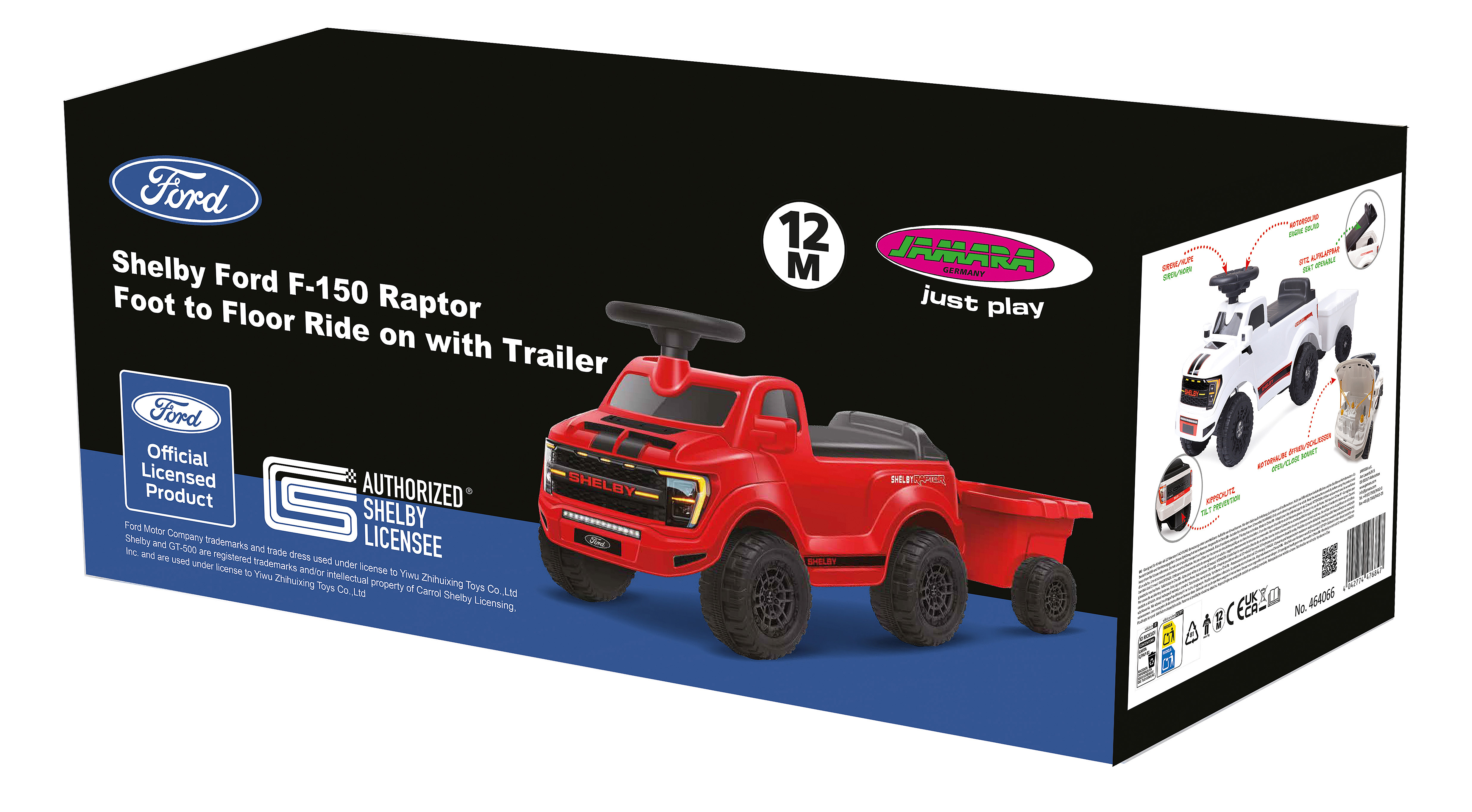 Roter Ford F-150 Raptor Kinderfahrzeug mit Anhänger und Ford-Logo.