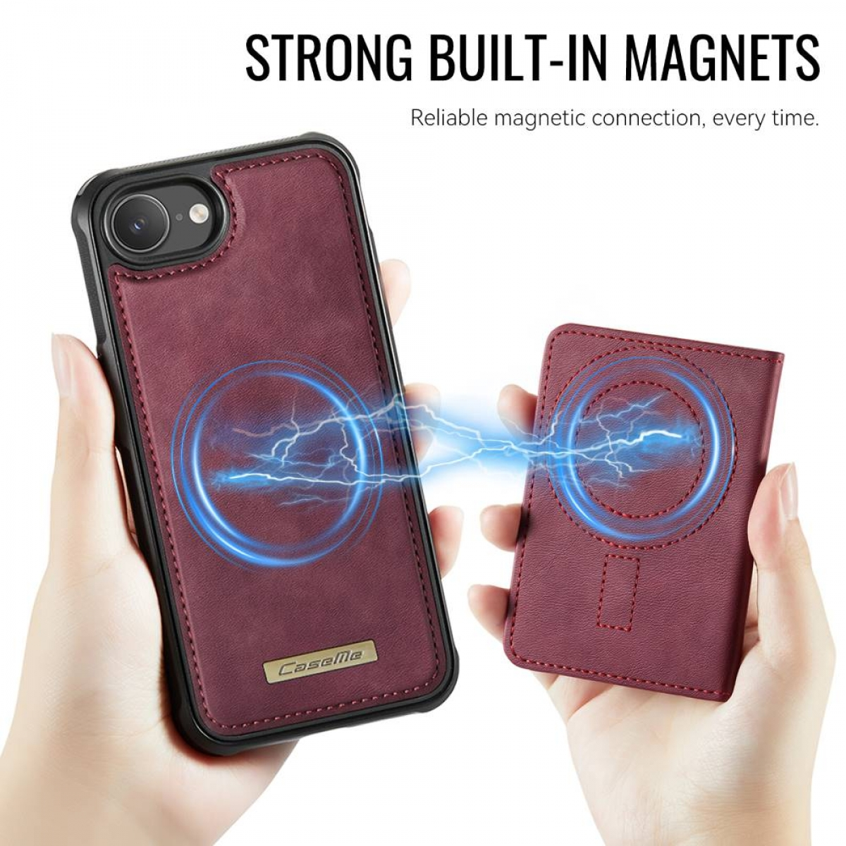 Eine burgunderfarbene Handyhülle und Geldbörse werden gehalten, die magnetische Anziehung mit blauen Blitzen zeigen.