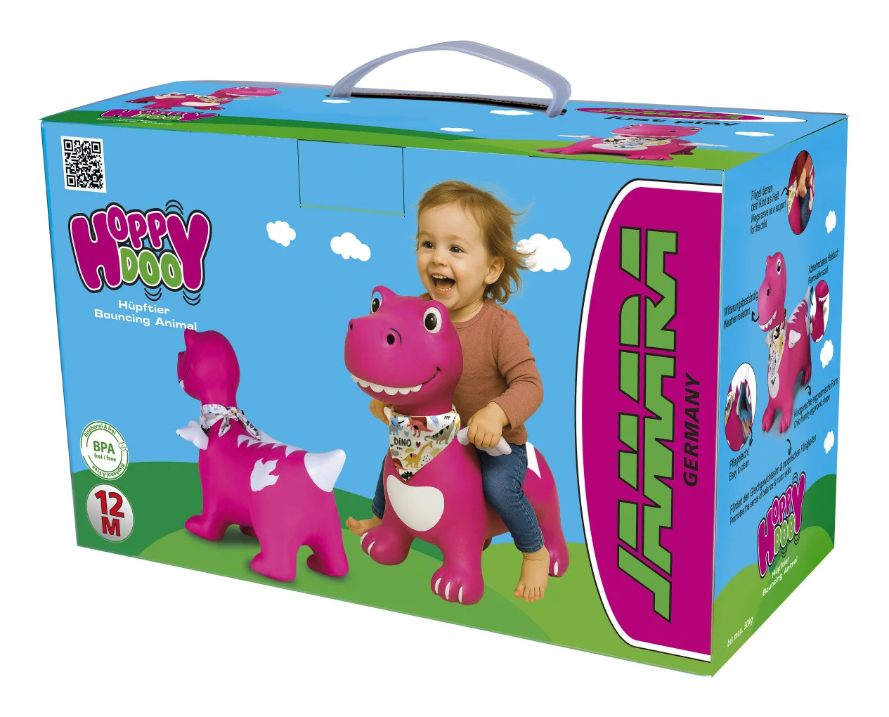 Ein fröhliches Baby reitet auf einem pinken Hüpftier-Dinosaurier auf einer blauen Box.