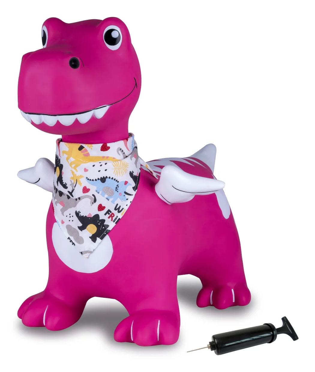 Eine aufblasbare, pinke Dinosaurier-Hüpffigur mit Flügeln und Bandana. Eine Pumpe liegt daneben.