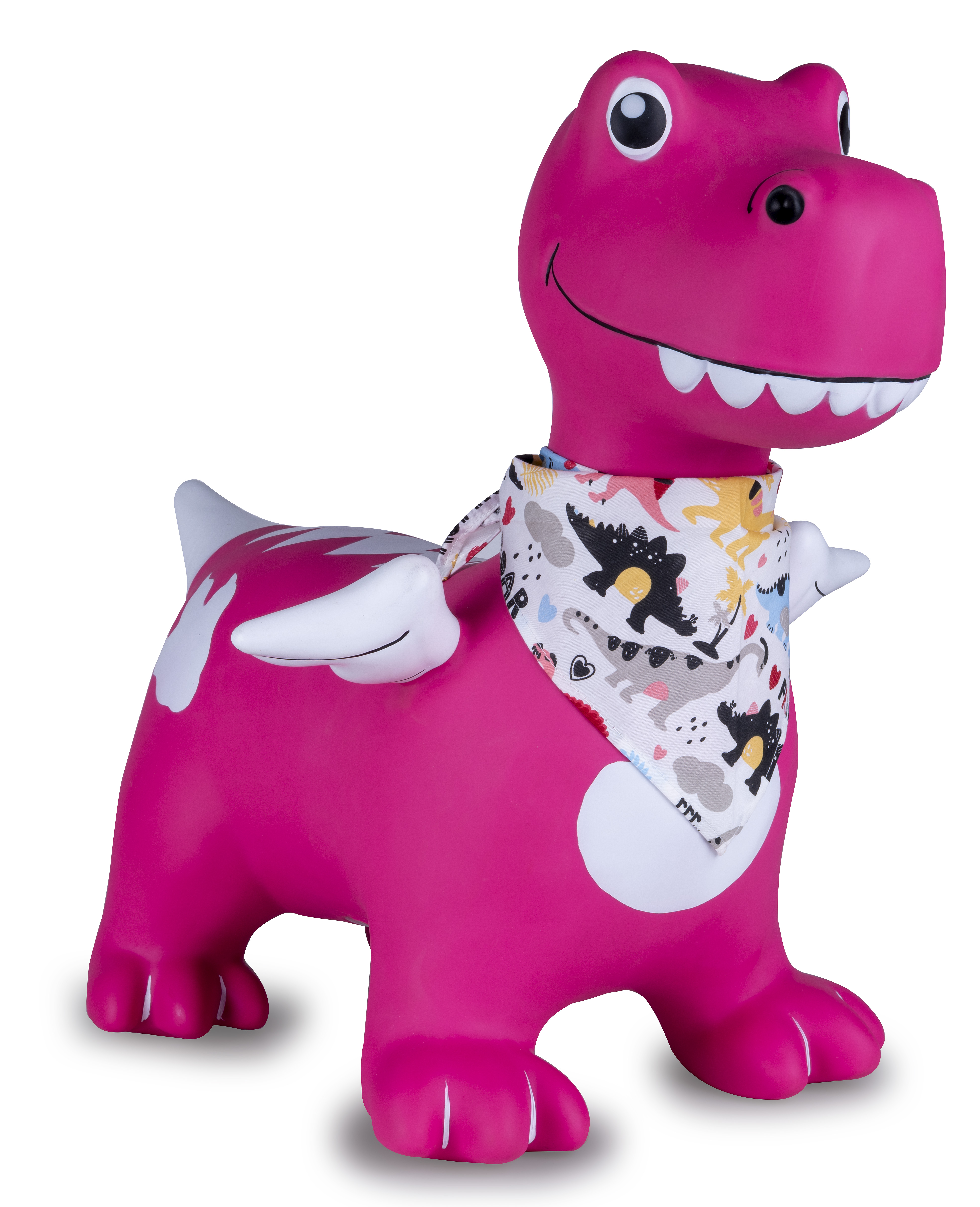 Eine aufblasbare, schicke, pinkfarbene Dino-Figur mit Flügeln und einem Halstuch.