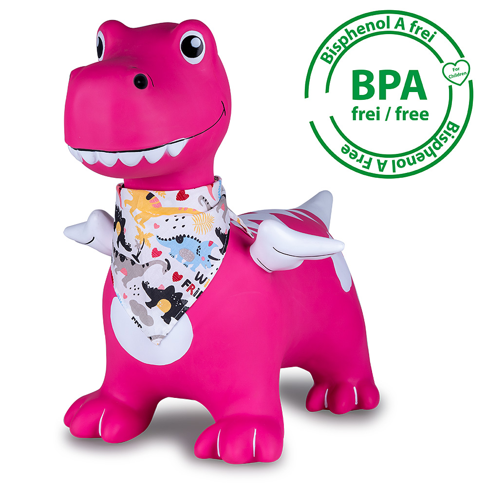 Ein rosa Hüpf-Dinosaurier mit Flügeln und einem Halstuch mit Dinosaurier-Motiv.