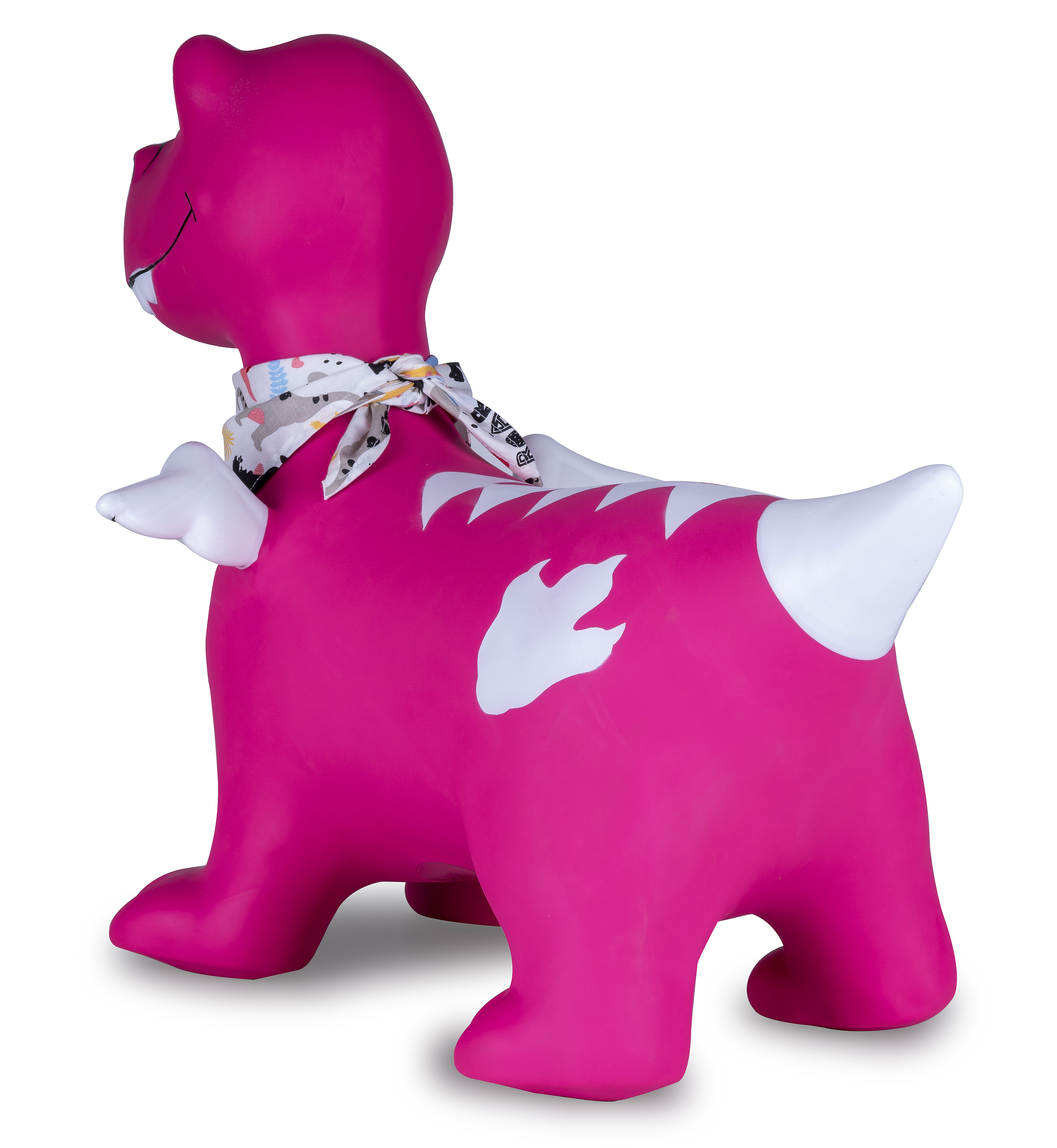 Pinker aufblasbarer Dinosaurier mit Schmetterlingsmuster-Halstuch und weißen Flügeln.