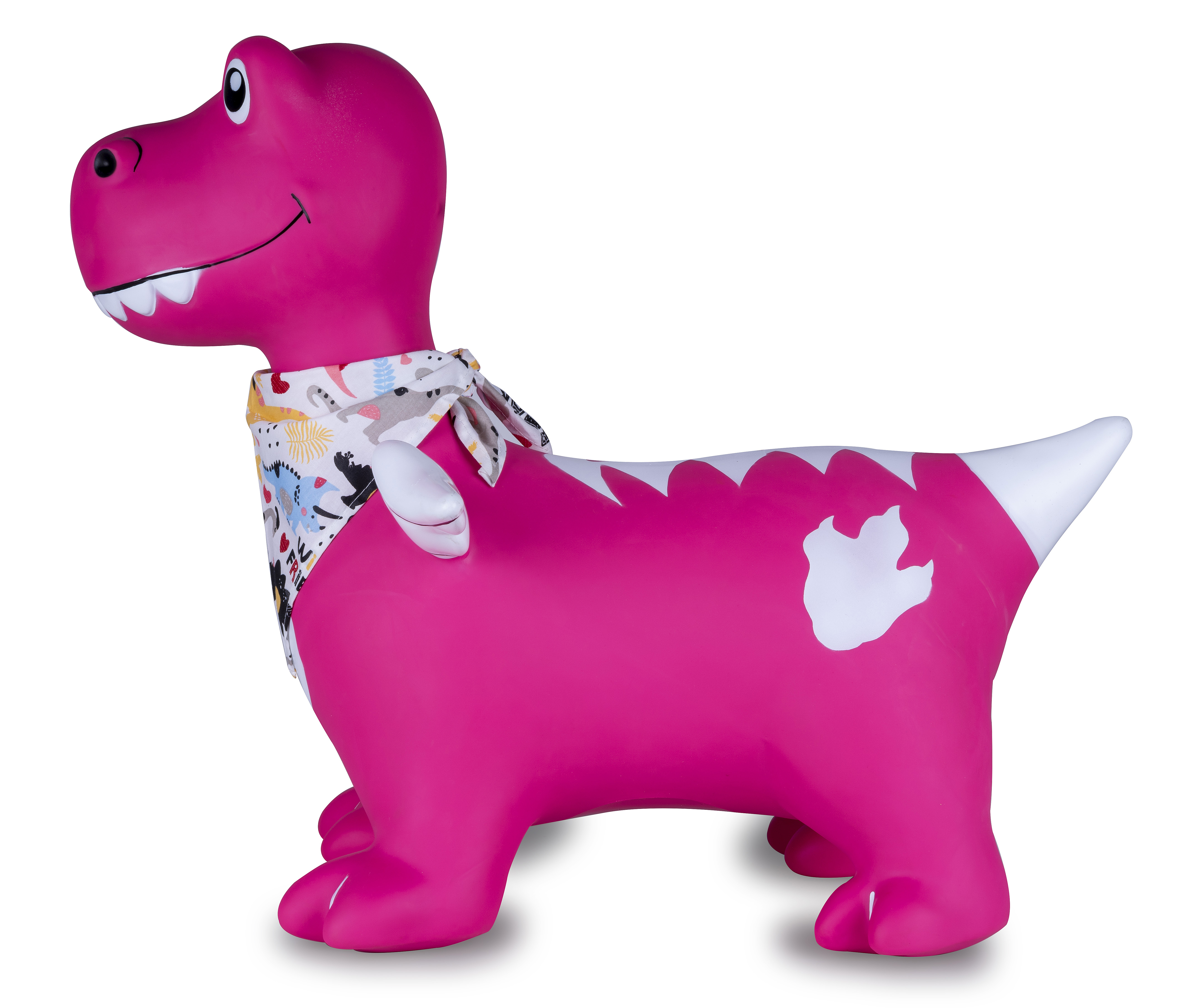 Ein pinker aufblasbarer Dinosaurier mit Halstuch und weißen Flecken steht auf vier Füßen.