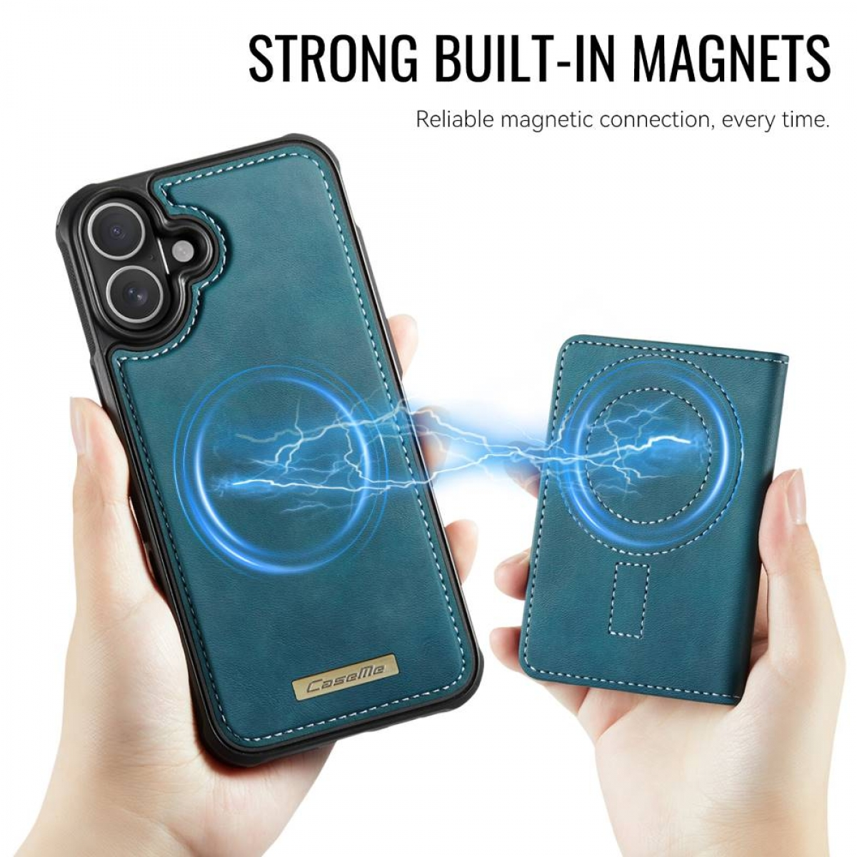 Zwei Hände halten eine Handyhülle und eine Geldbörse mit Magnetverschluss.