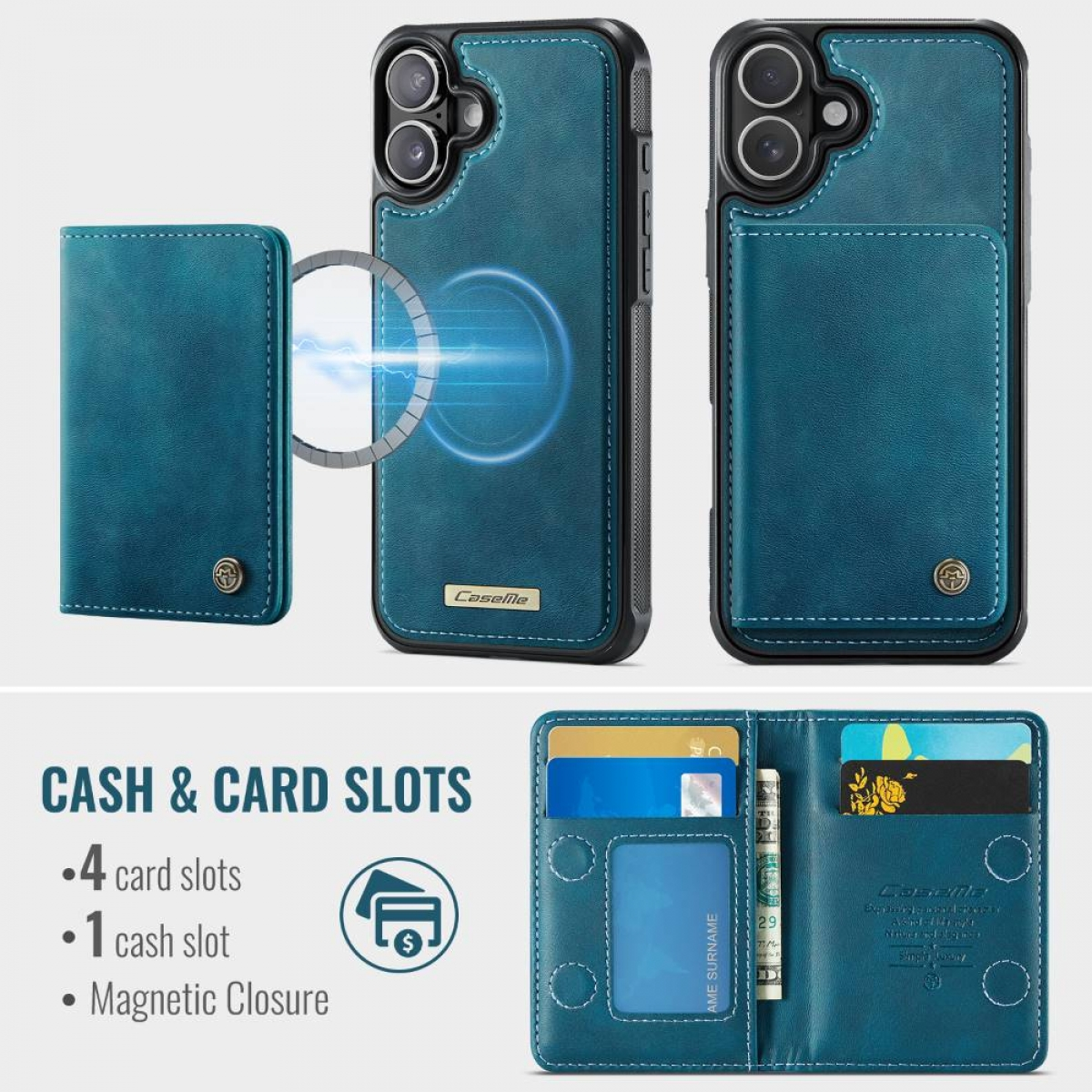 Blaue Lederhülle für iPhone mit Kartenfächern und Geldscheinfach.
