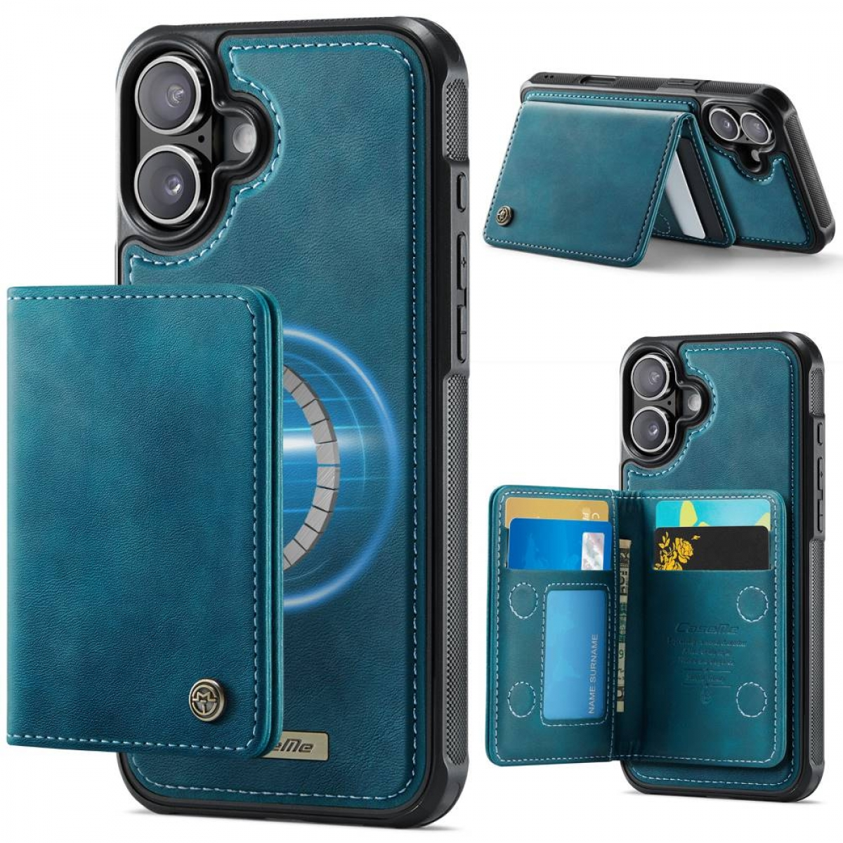 Blaues Leder-Handyhülle mit Kartenfächern und magnetischem Verschluss.