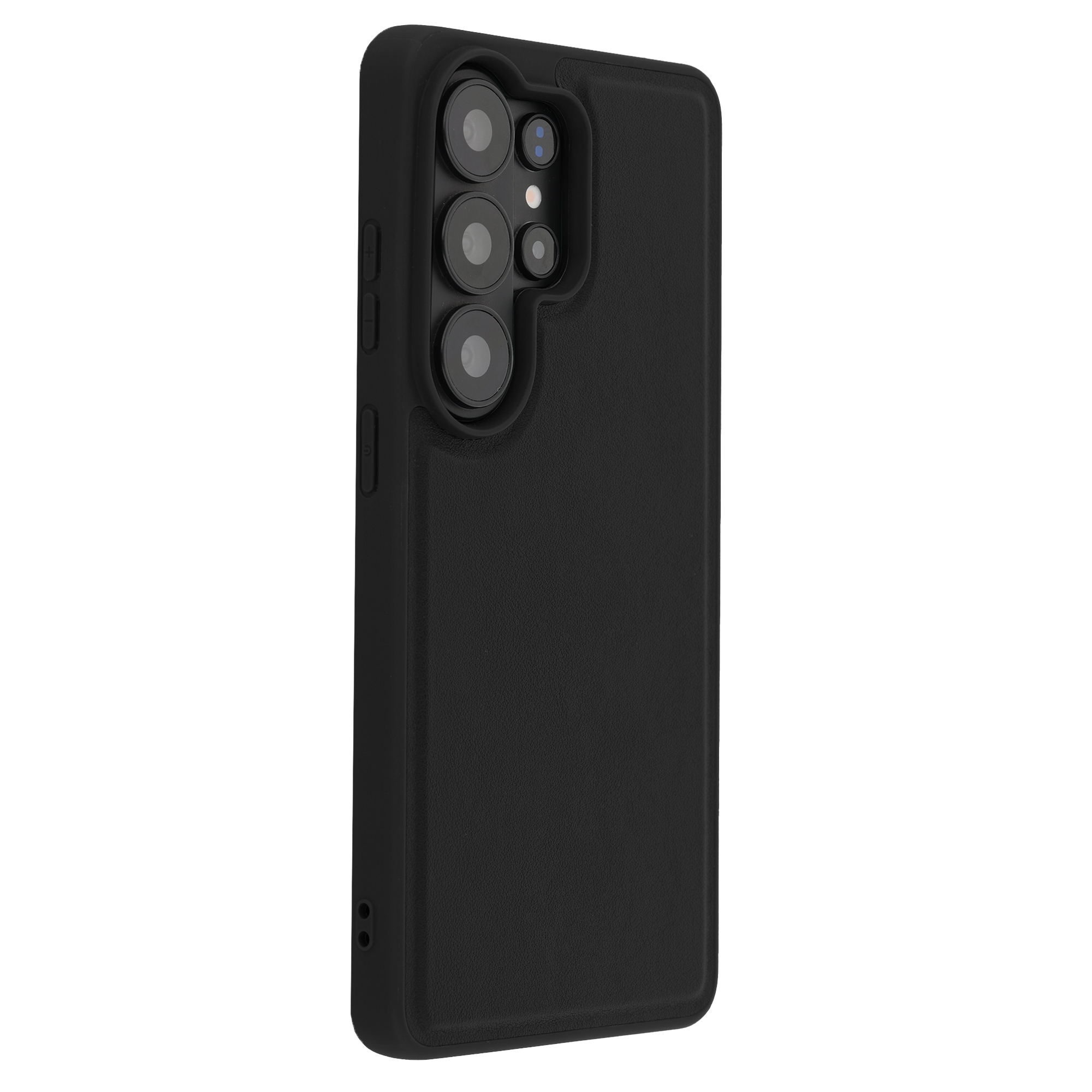 Zwarte telefoonhoes met vier cameralenzen aan de achterkant.