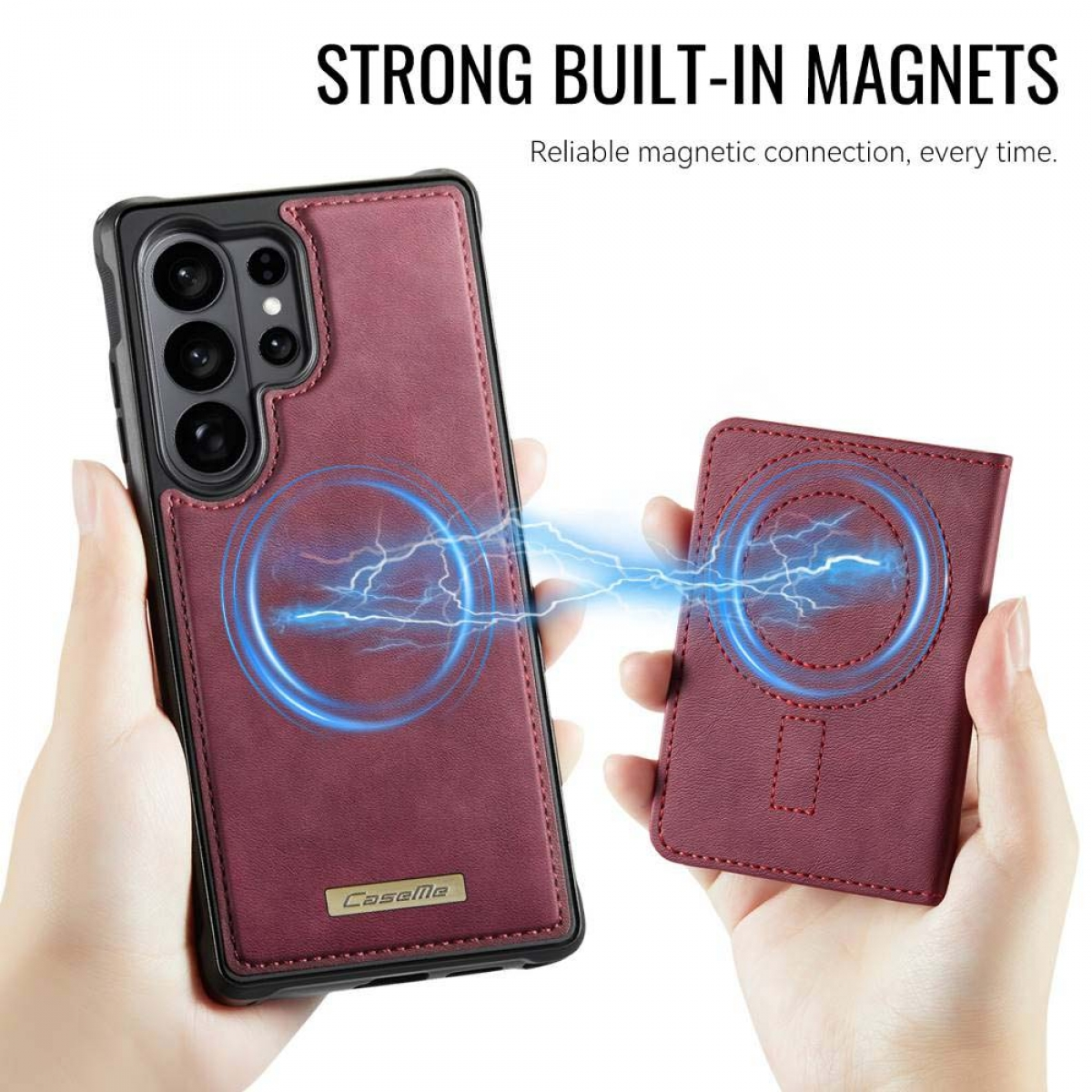 Hände halten eine dunkelrote Handyhülle und eine passende Brieftasche mit Magnetkontakt.