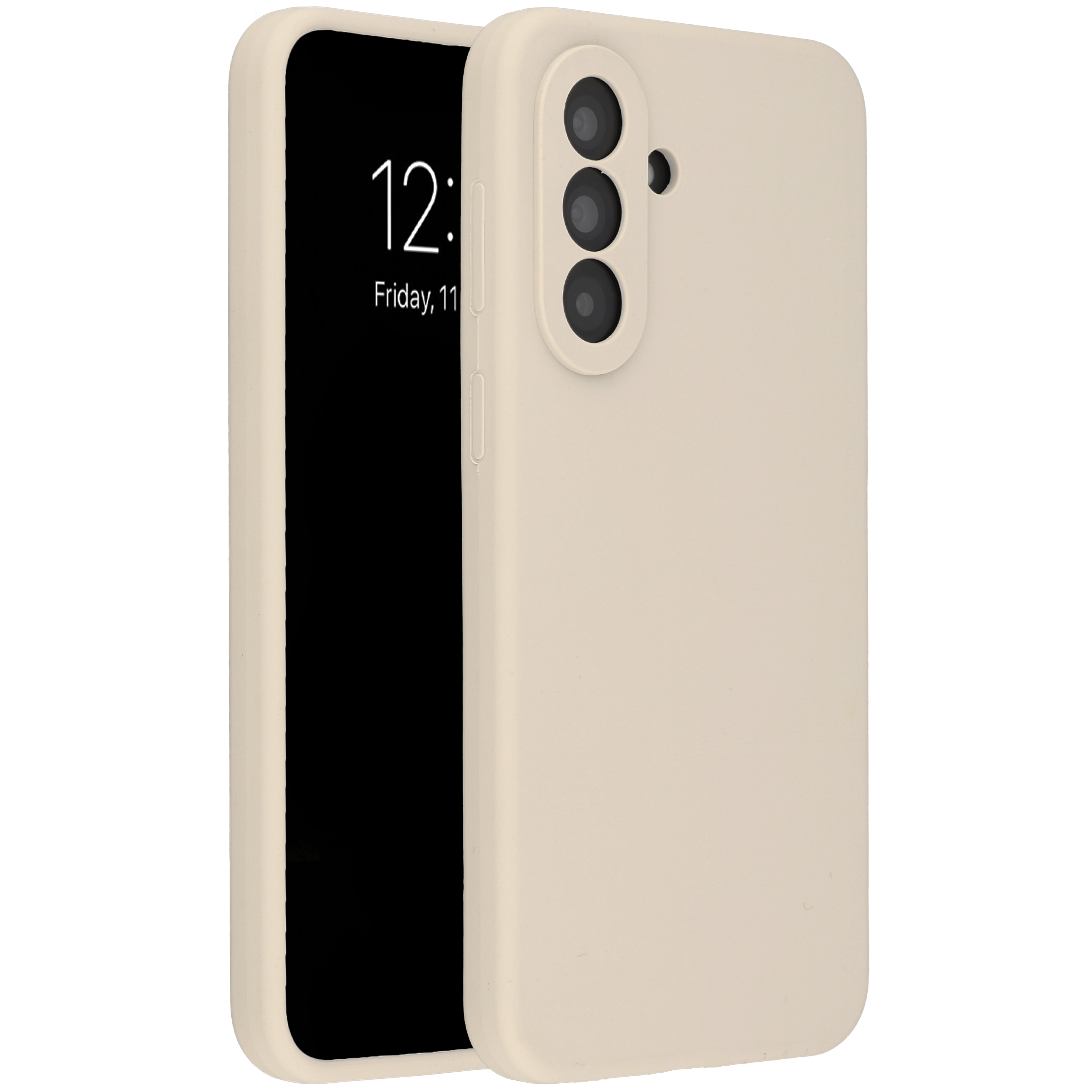Ein hellbeiges Handy mit einer Hülle, die drei Kameras zeigt.