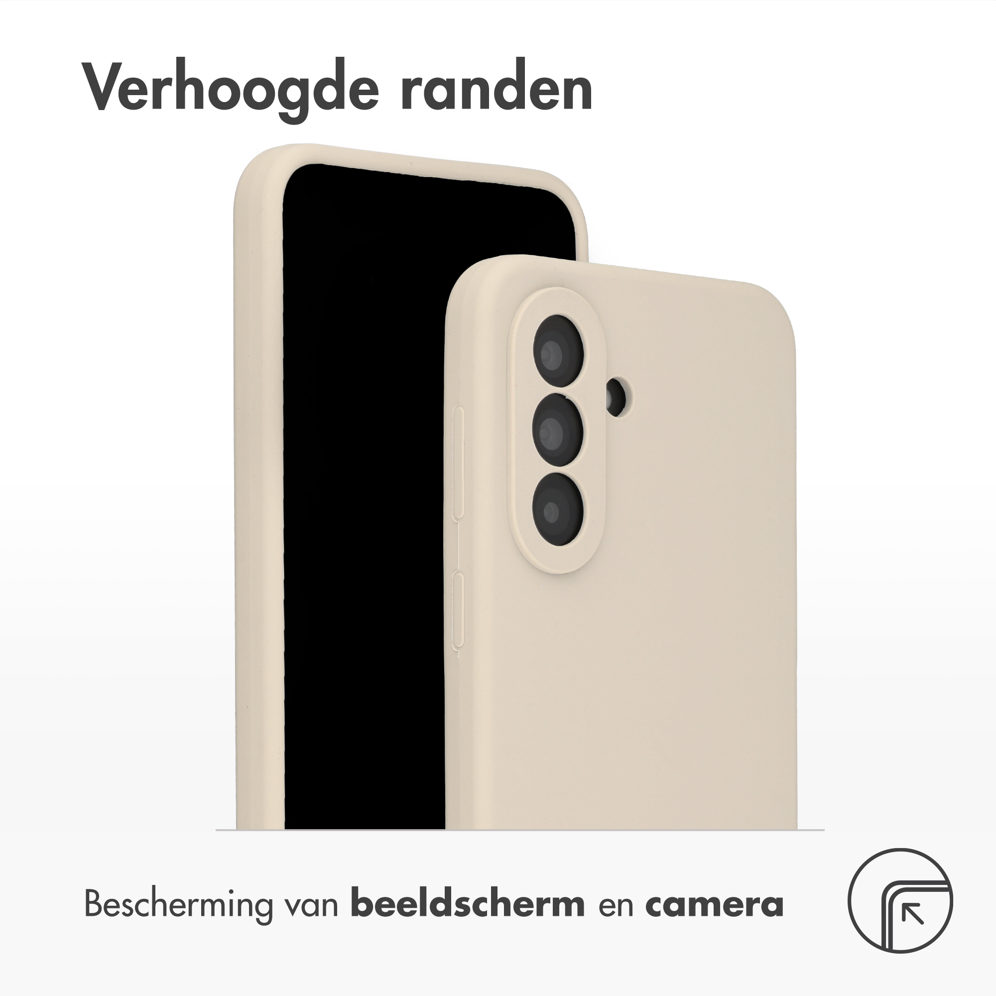 Ein hellbeiges Smartphone-Case mit erhöhten Rändern schützt das Display und die Kamera.