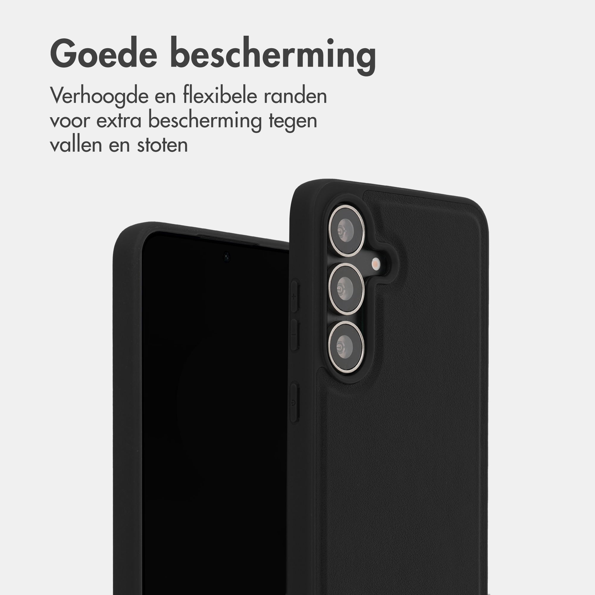 Black phone case with three camera lenses and raised edges.