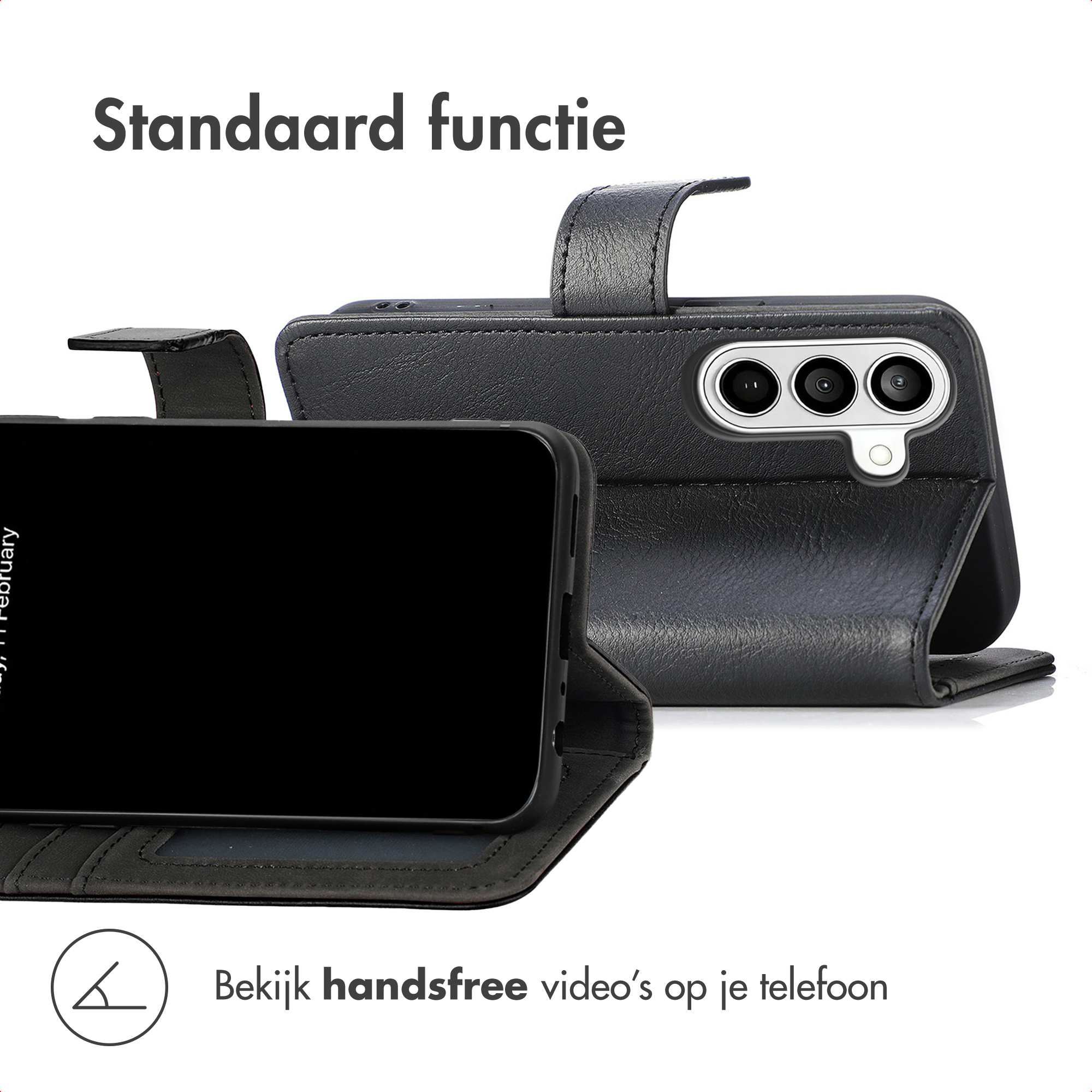 Een zwarte telefoon in een hoes die als standaard dient.