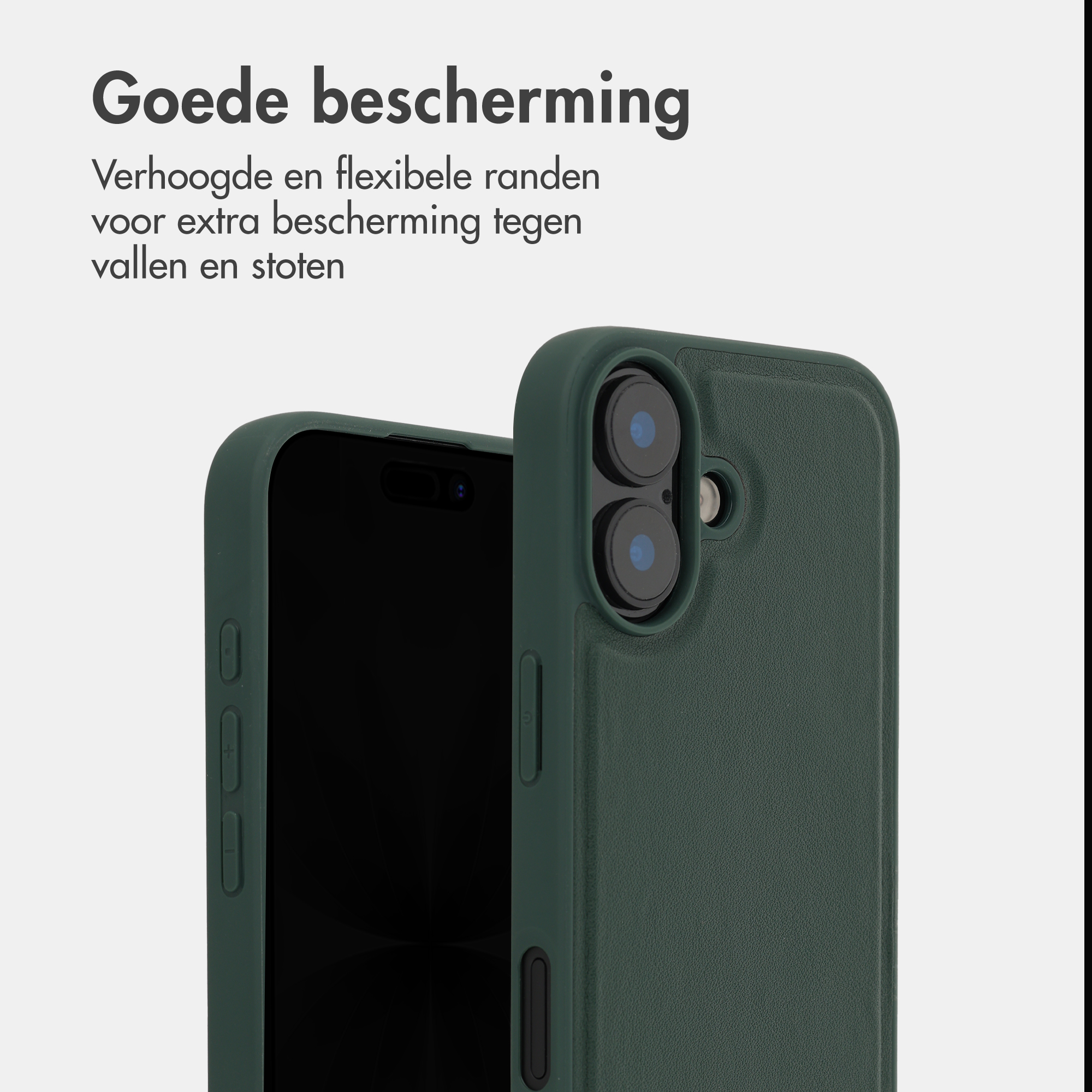 Dunkelgrüne Handyhülle mit Kamerabezug, zeigt erhöhte Kanten für Schutz.