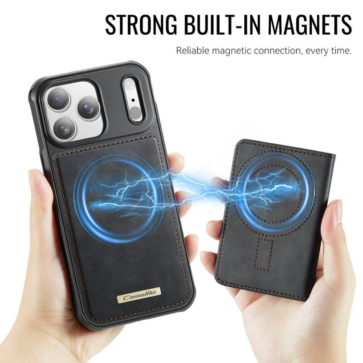Schwarze Handyhülle und Portemonnaie von Händen gehalten, zeigen magnetische Anziehung.