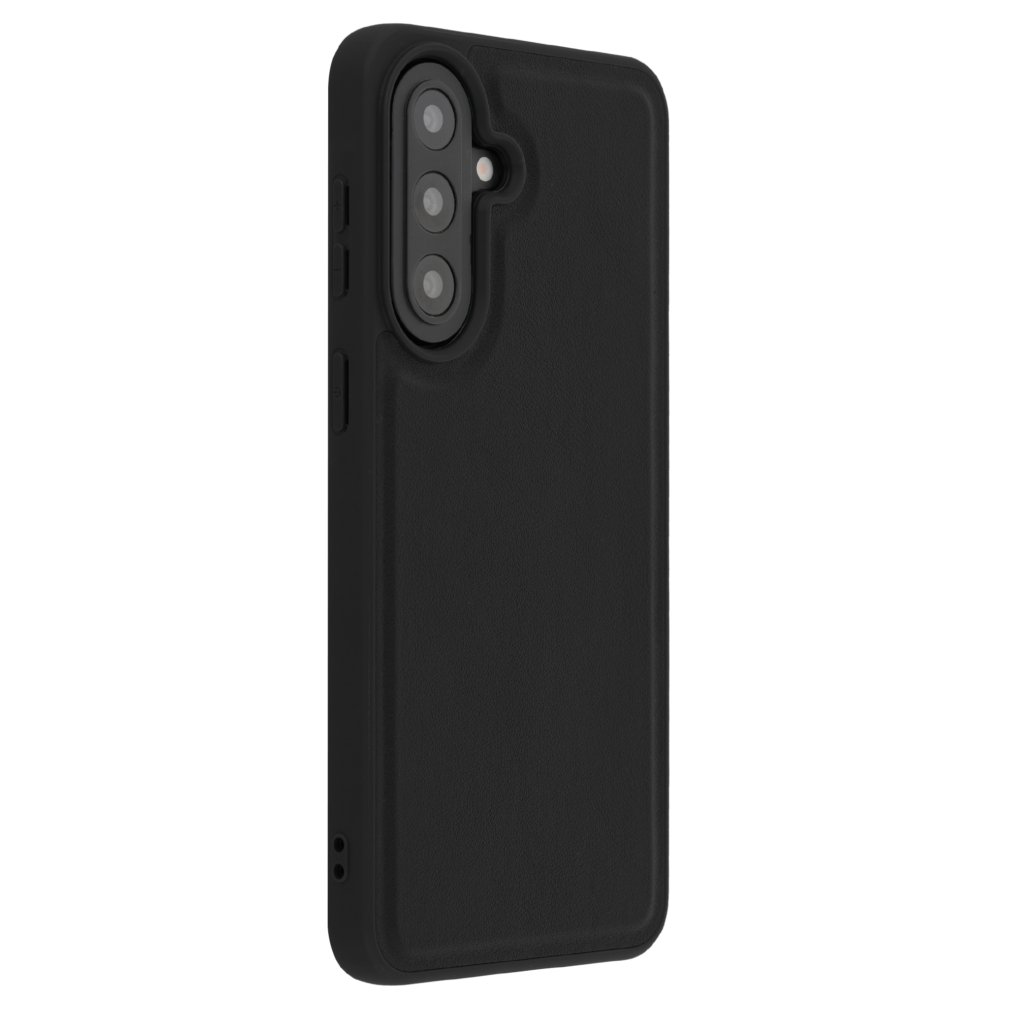 Zwarte telefoonhoes met drievoudige camera-uitsparing en zijknopjes.