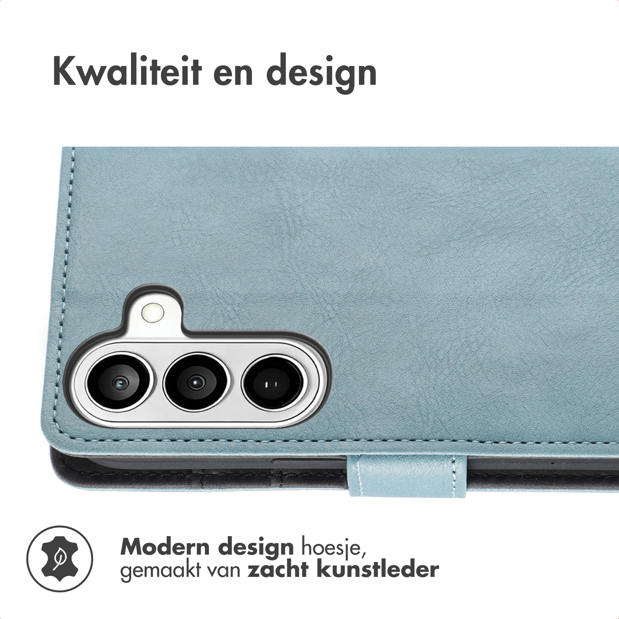 Een blauwe telefoonhoes van kunstleer met camera-uitsparing. "Kwaliteit en design".