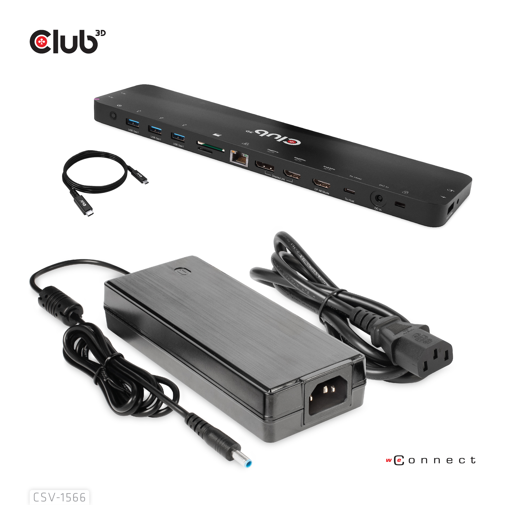 Hub USB-C nero con alimentatore, cavo e logo Club 3D.