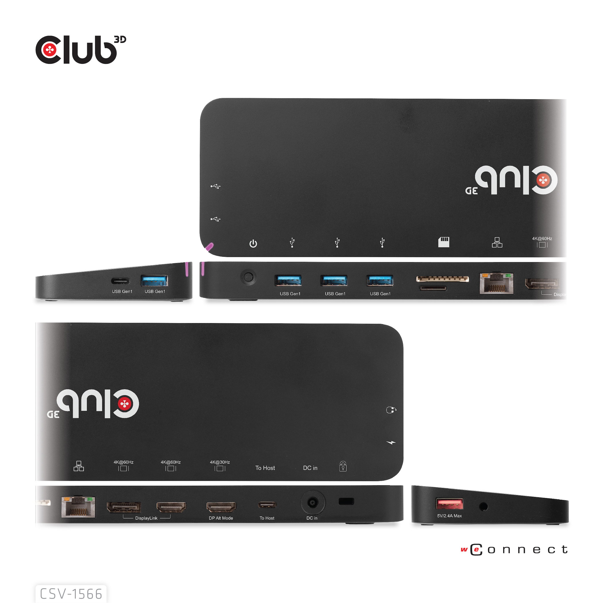 Hub docking Club 3D nero con porte USB-C, HDMI ed Ethernet.