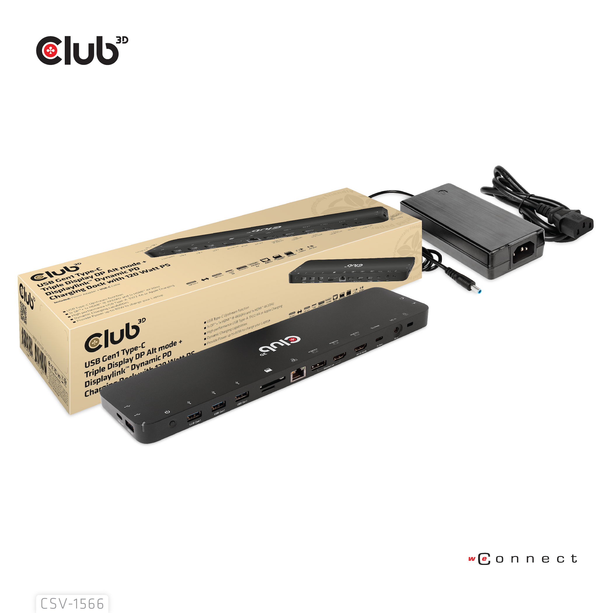 Docking station USB-C Club 3D con alimentatore e cavi, dotata di più porte.