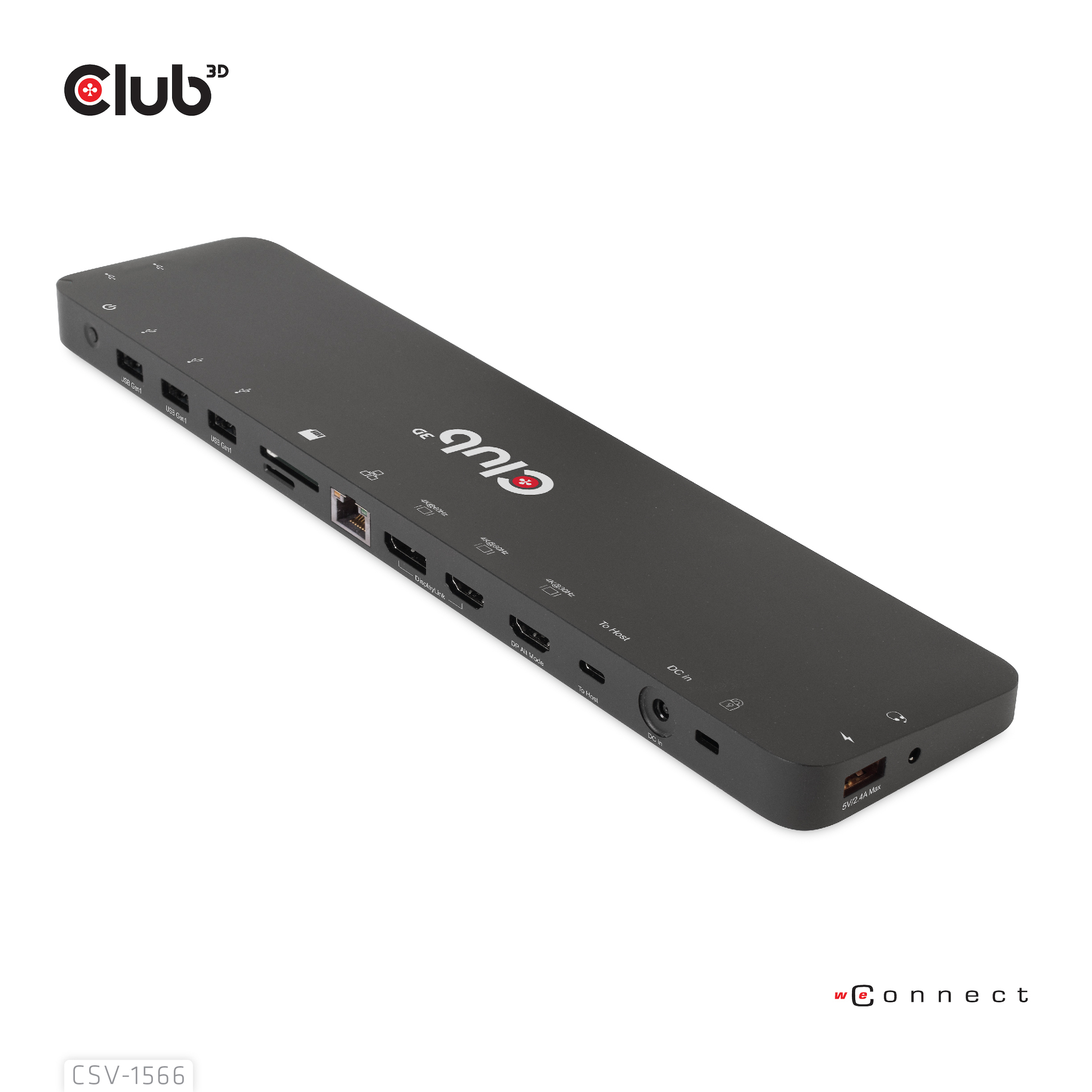 Docking station USB-C nera Club 3D con porte: USB, HDMI, DP, Ethernet, DC In.