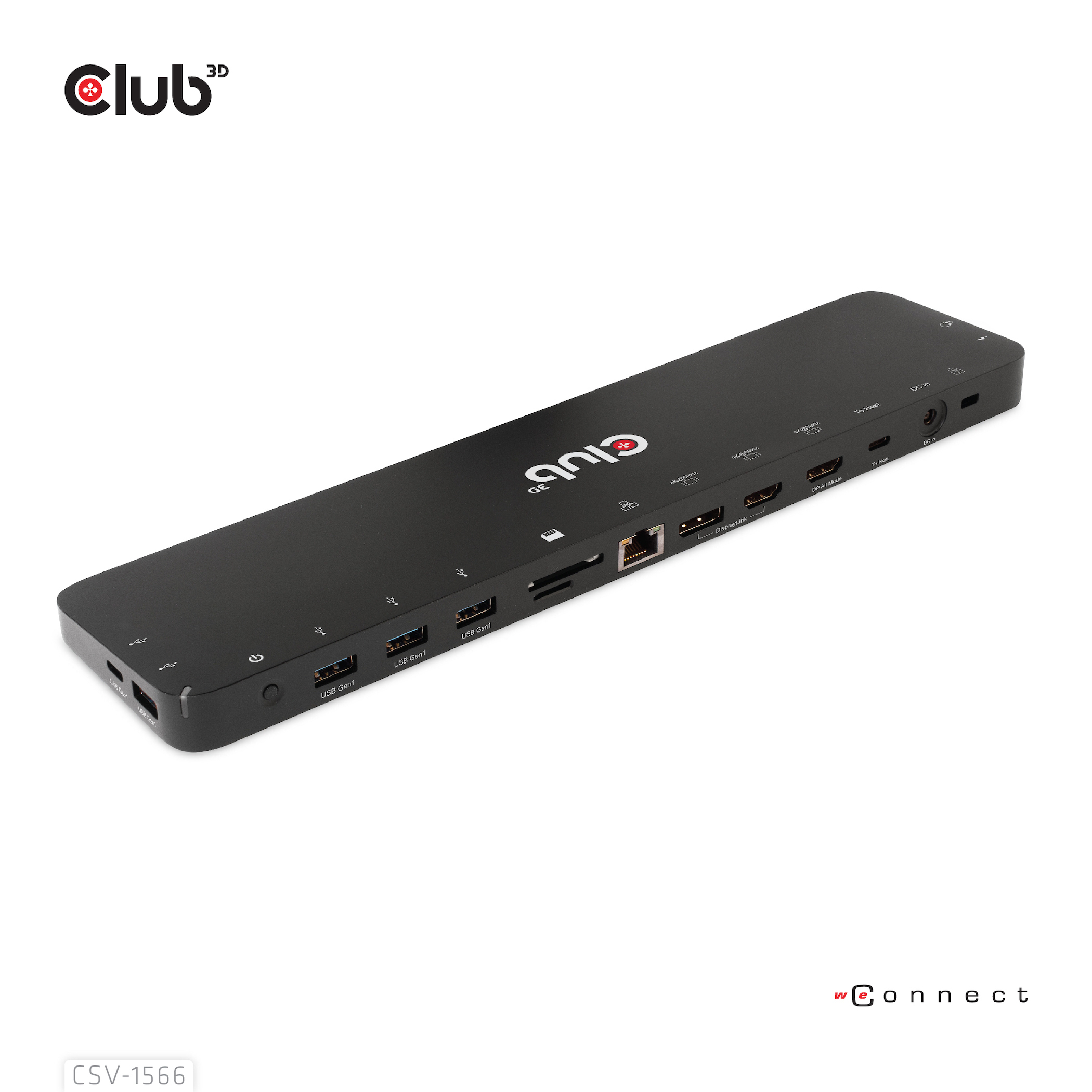 Dock USB-C nero Club 3D con più porte, logo in alto.