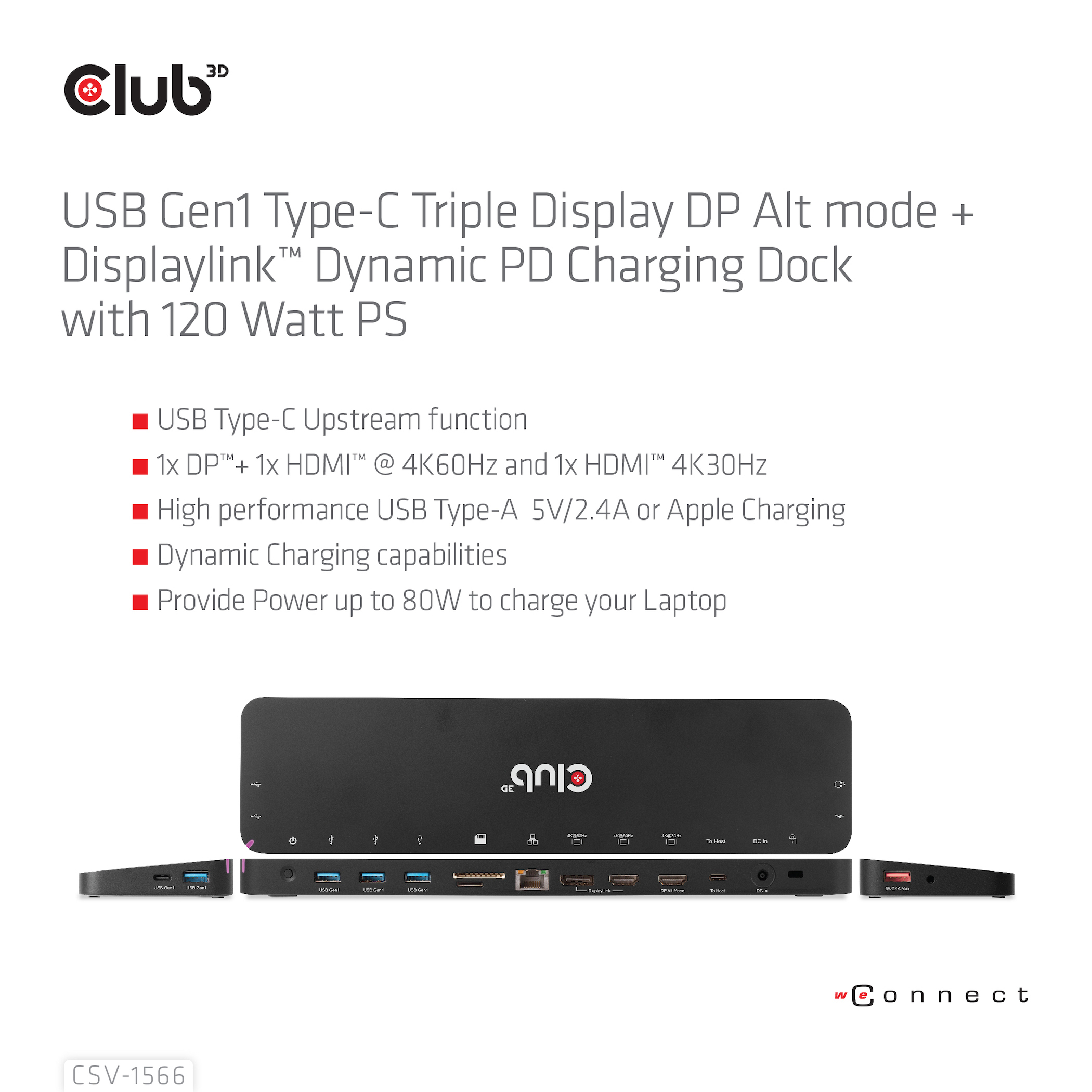 Una docking station USB-C nera con più porte e il logo Club 3D.