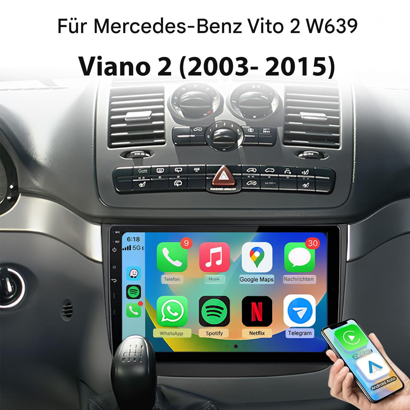 Ein Autoradio mit Apps wie Telefon, Musik und Google Maps für Mercedes-Benz Vito/Viano.