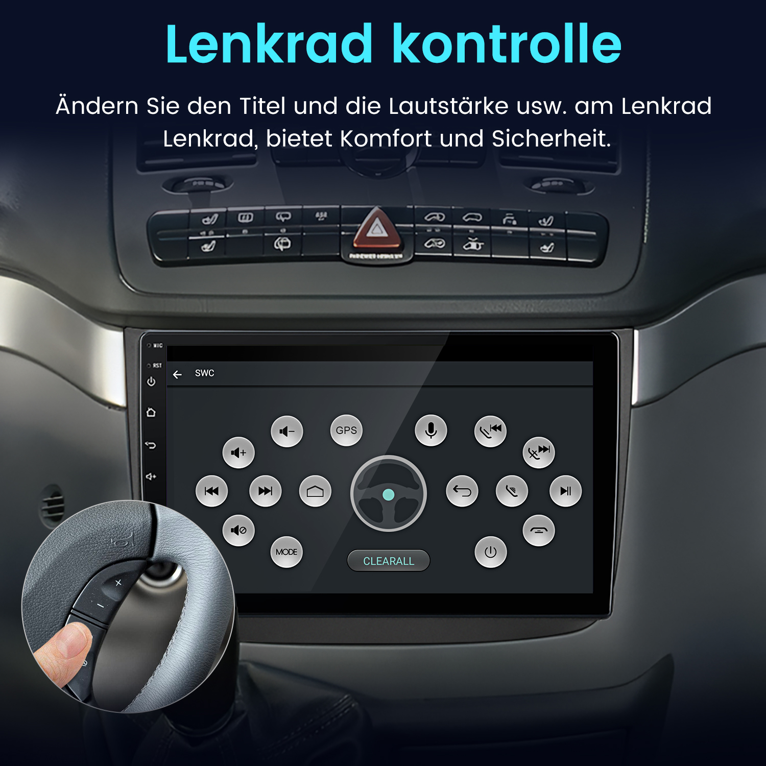 Ein Finger drückt auf Lenkrad-Steuertasten. Ein Touchscreen zeigt Lenkrad-Icons.