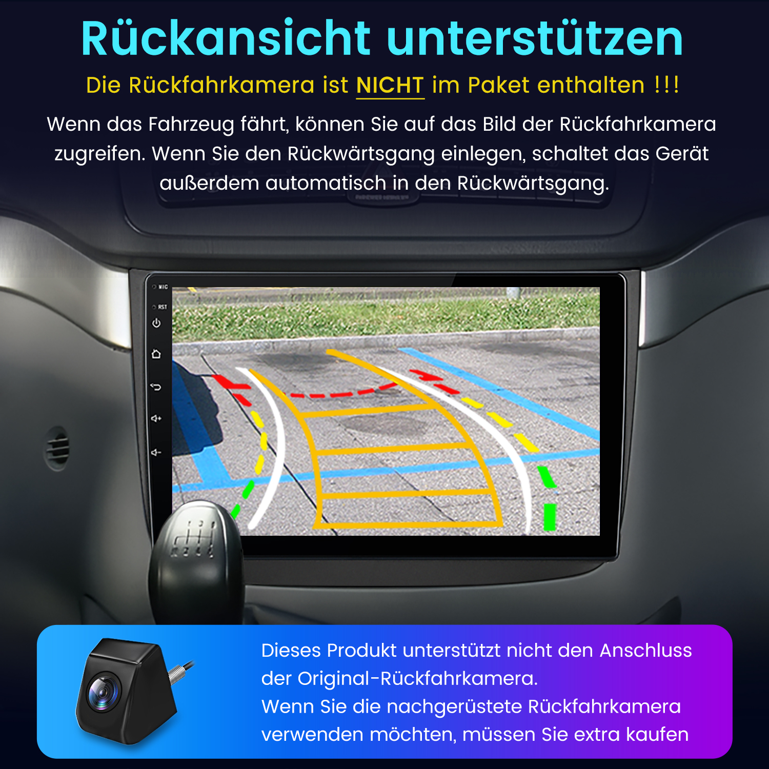 Ein Autoradio zeigt eine Rückfahrkamera-Ansicht mit Hilfslinien.