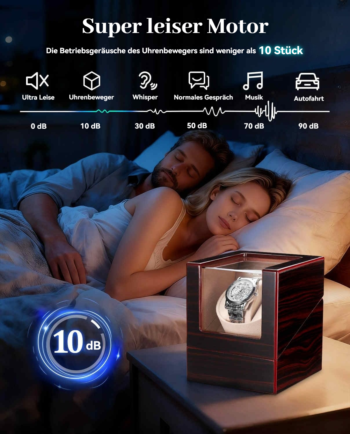 Ein Mann und eine Frau schlafen im Bett neben einem Uhrenbeweger mit einer Uhr.