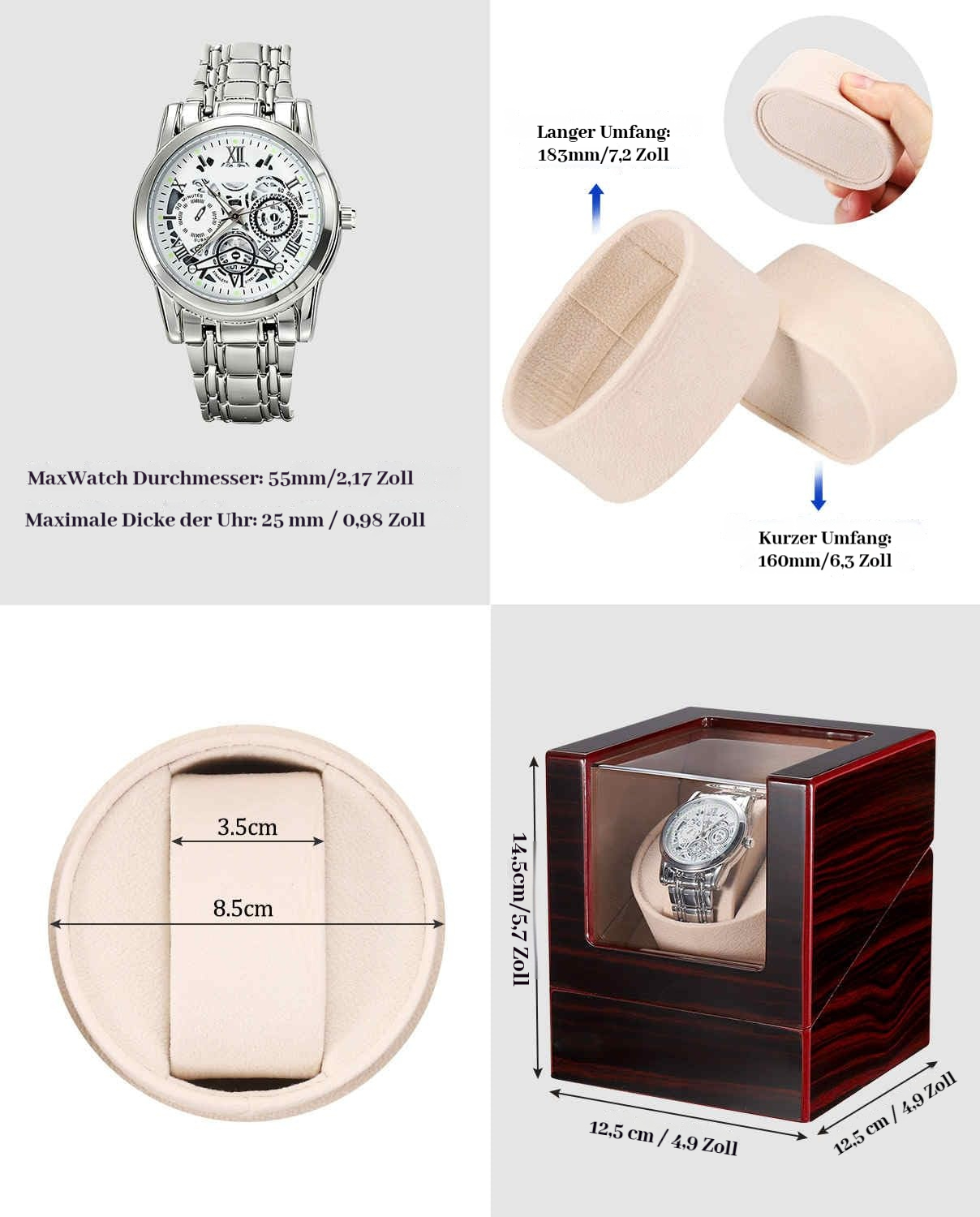 Eine silberne Uhr, Uhrenkissen und Uhrenbeweger mit Maßen.