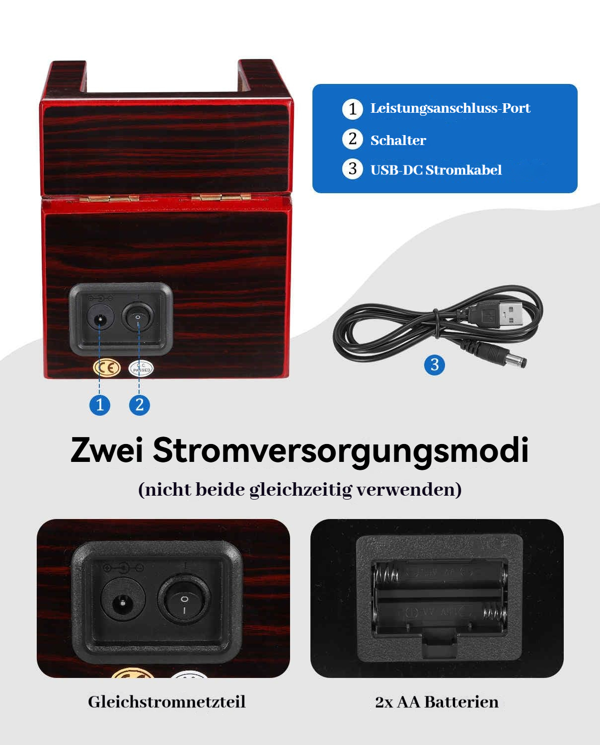 Ein Holzgehäuse mit Stromanschlüssen, Schalter, USB-Kabel und Batteriefach.