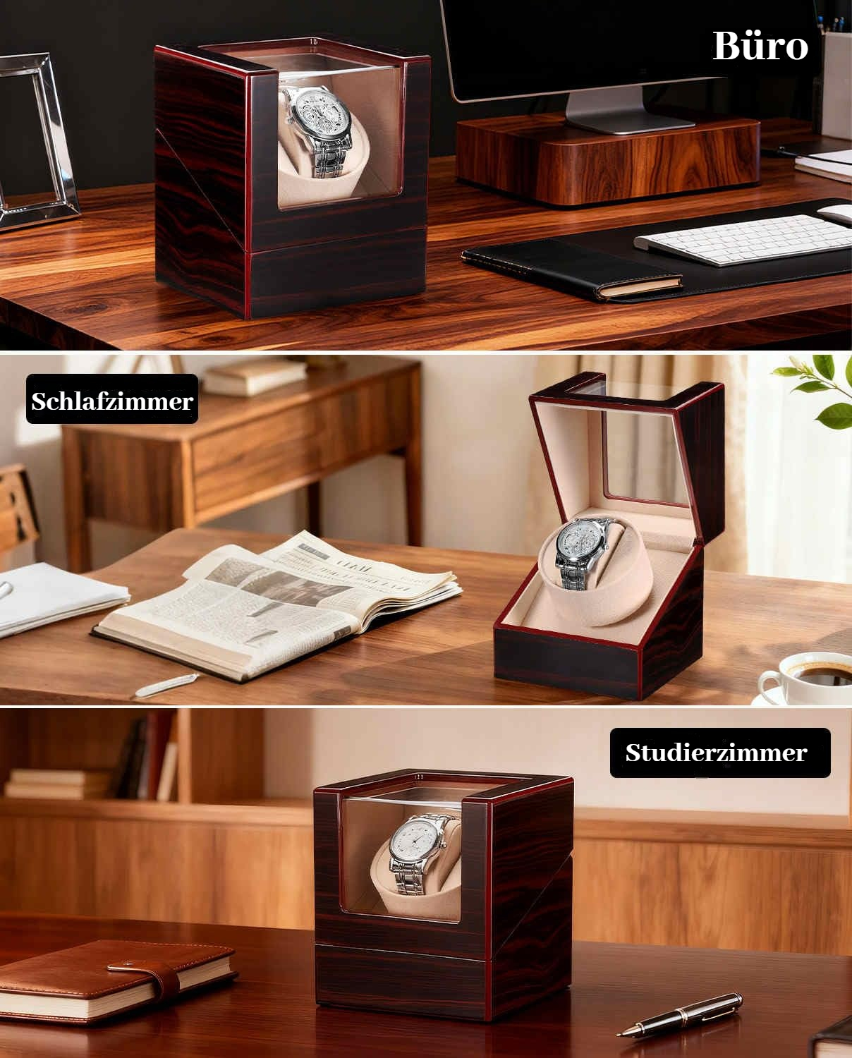 Ein Uhrenbeweger mit einer Uhr auf einem Holztisch.