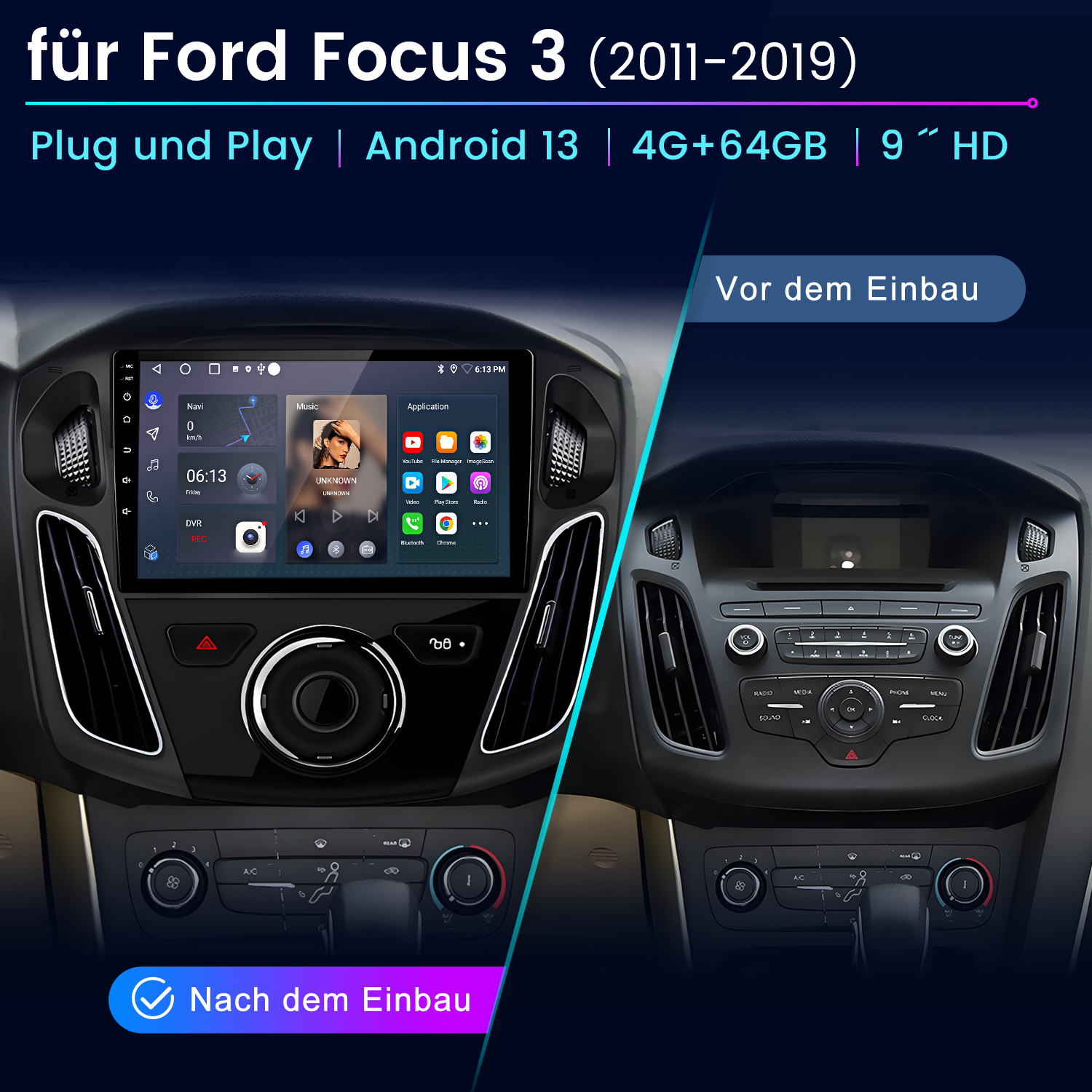 Vergleich eines Ford Focus 3 Armaturenbretts vor und nach dem Einbau eines neuen Infotainmentsystems.