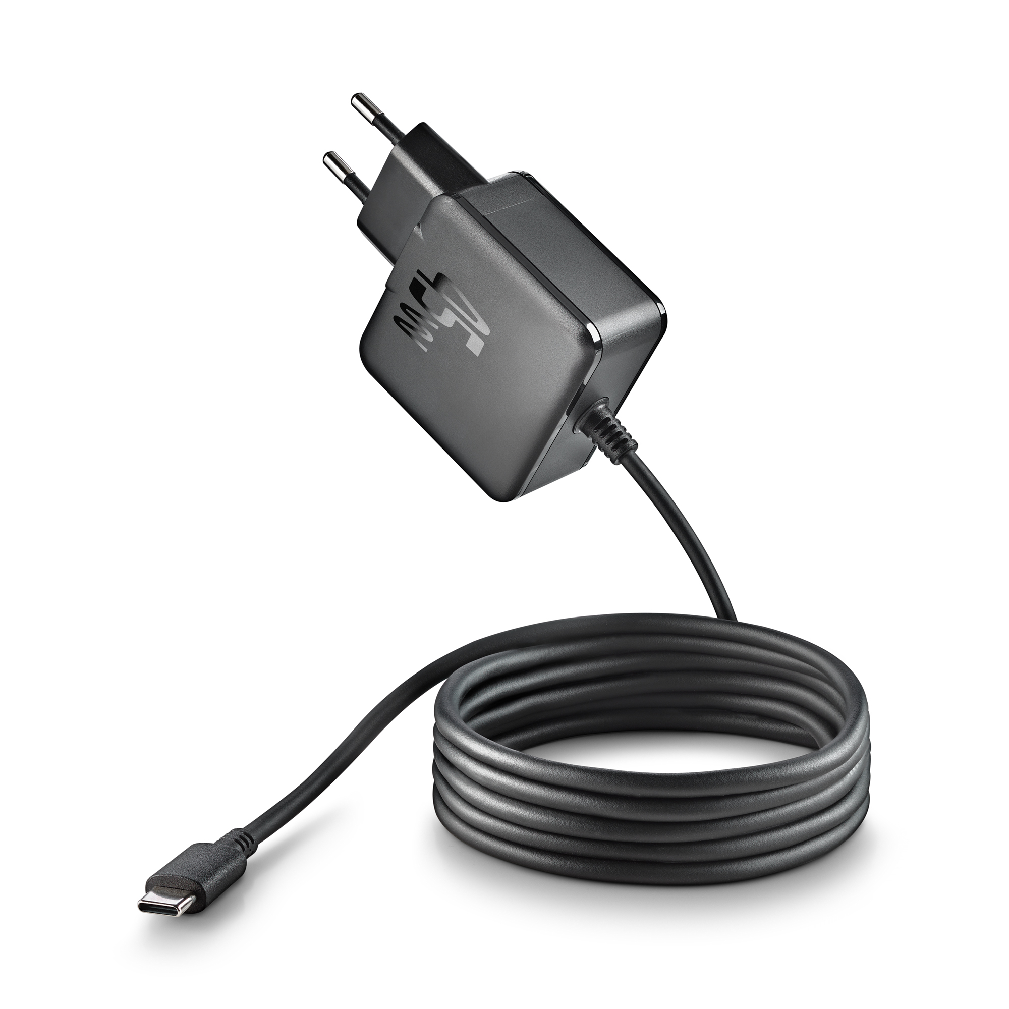 Adattatore di corrente grigio con cavo USB-C e cavo arrotolato.