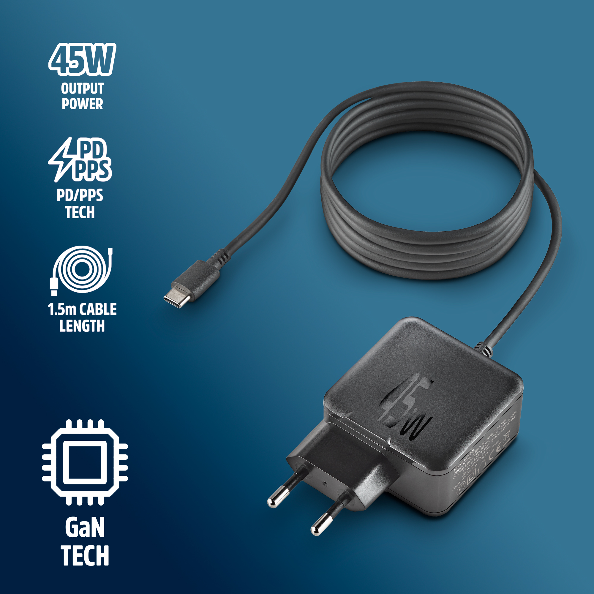 Alimentatore nero da 45W con cavo USB-C e tecnologia PD/PPS.