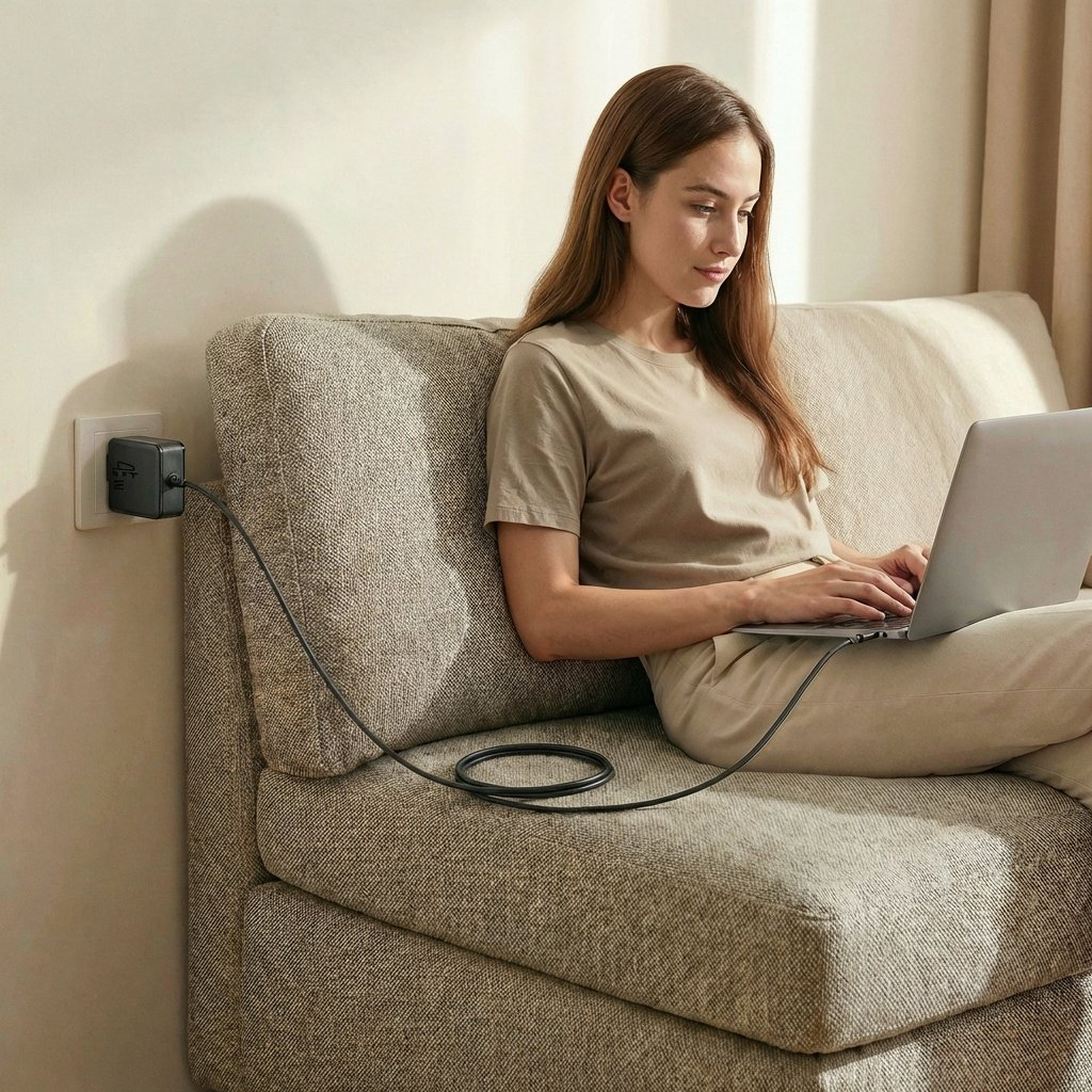 Una donna seduta su un divano usa un laptop collegato a un adattatore di corrente.