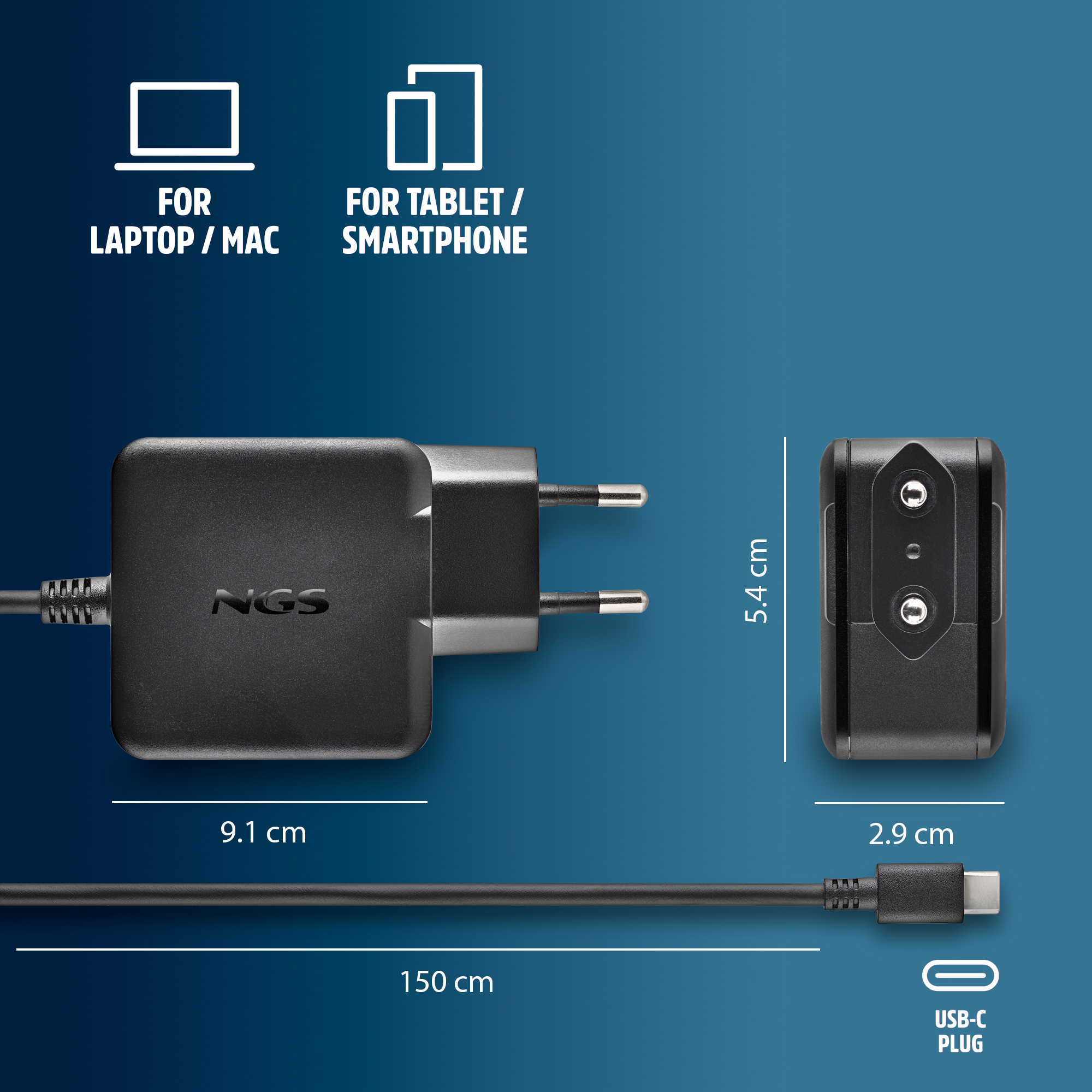 Caricatore NGS USB-C nero con cavo da 150cm, dimensioni 9.1x5.4x2.9cm.