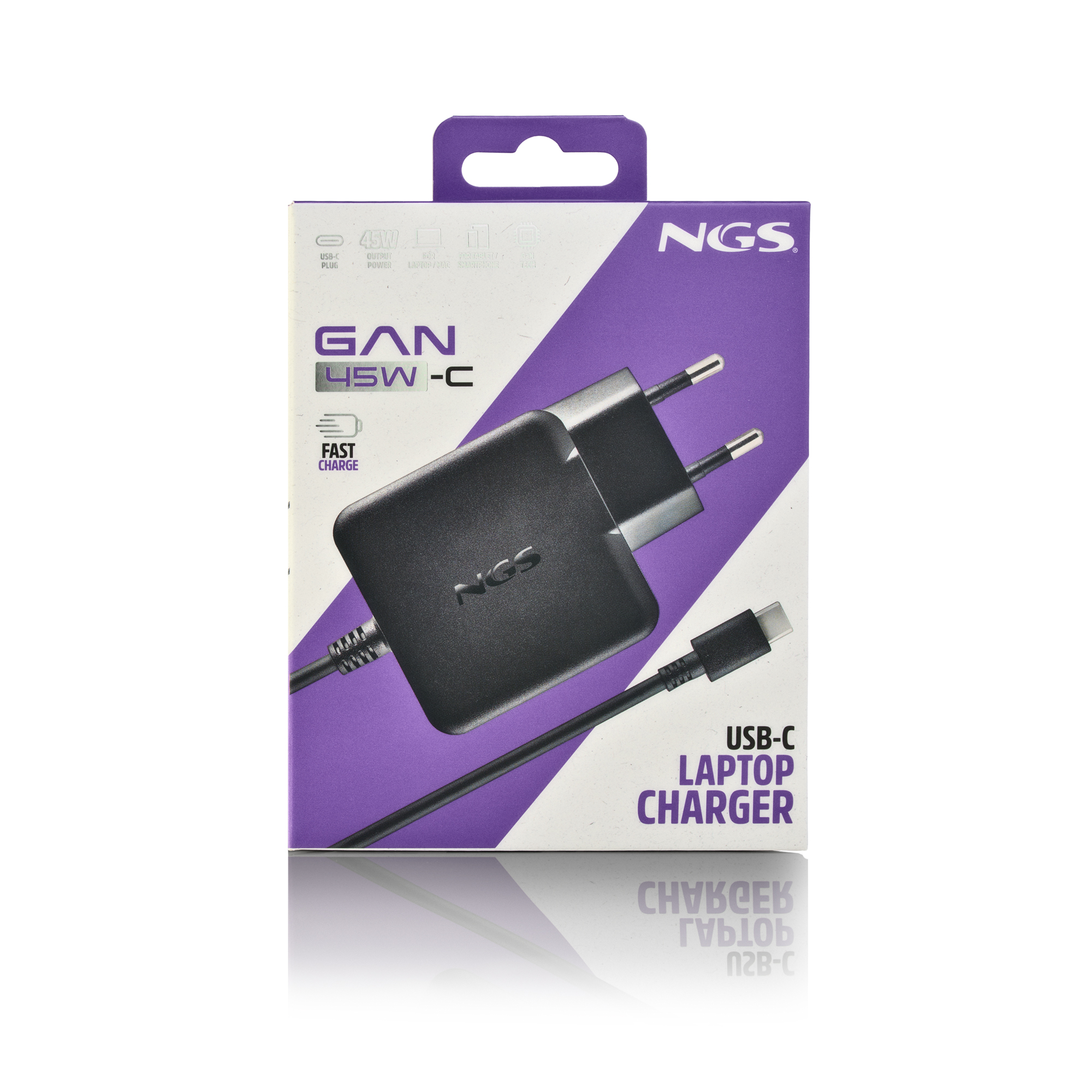 Cargador de portátil NGS 45W USB-C con cable en caja morada y blanca.