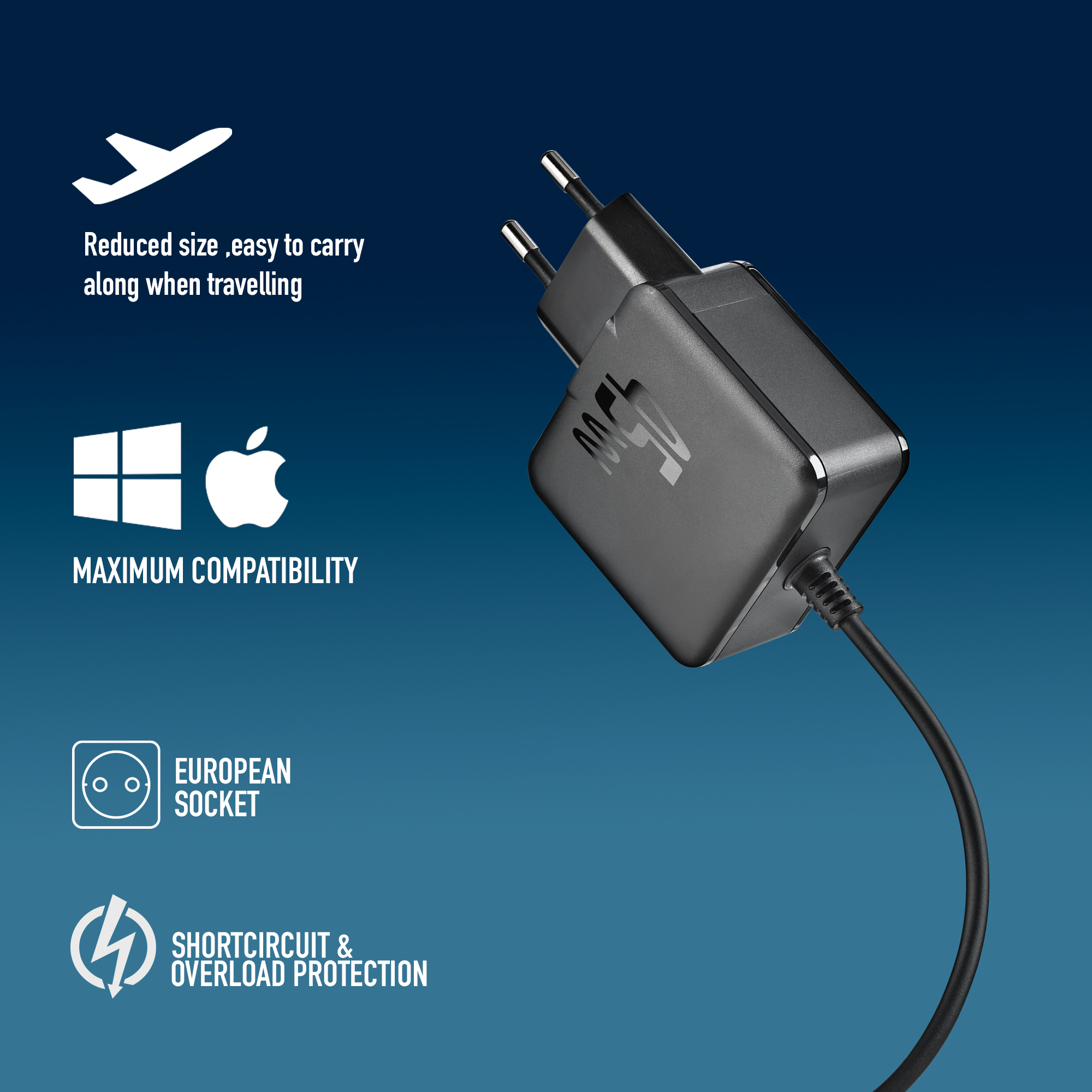 Un caricatore USB nero con spine europee, su sfondo blu sfumato.