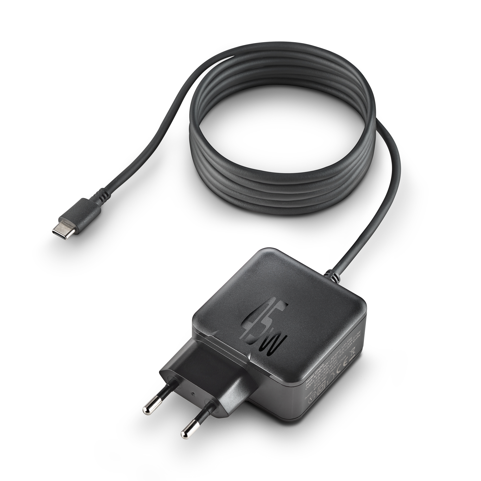 Un caricatore USB-C nero da 45W con spina europea e cavo avvolto.