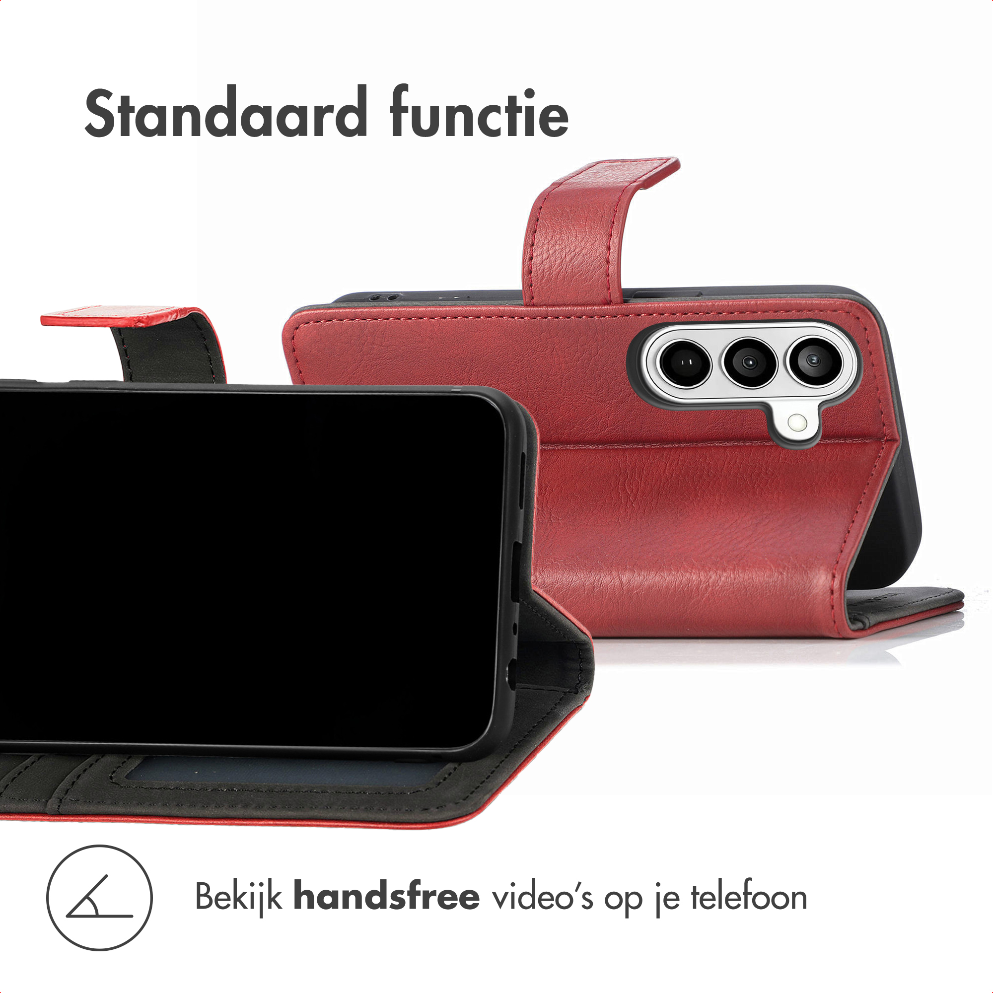 Rode telefoonhoes in opengeklapte toestand met camera.