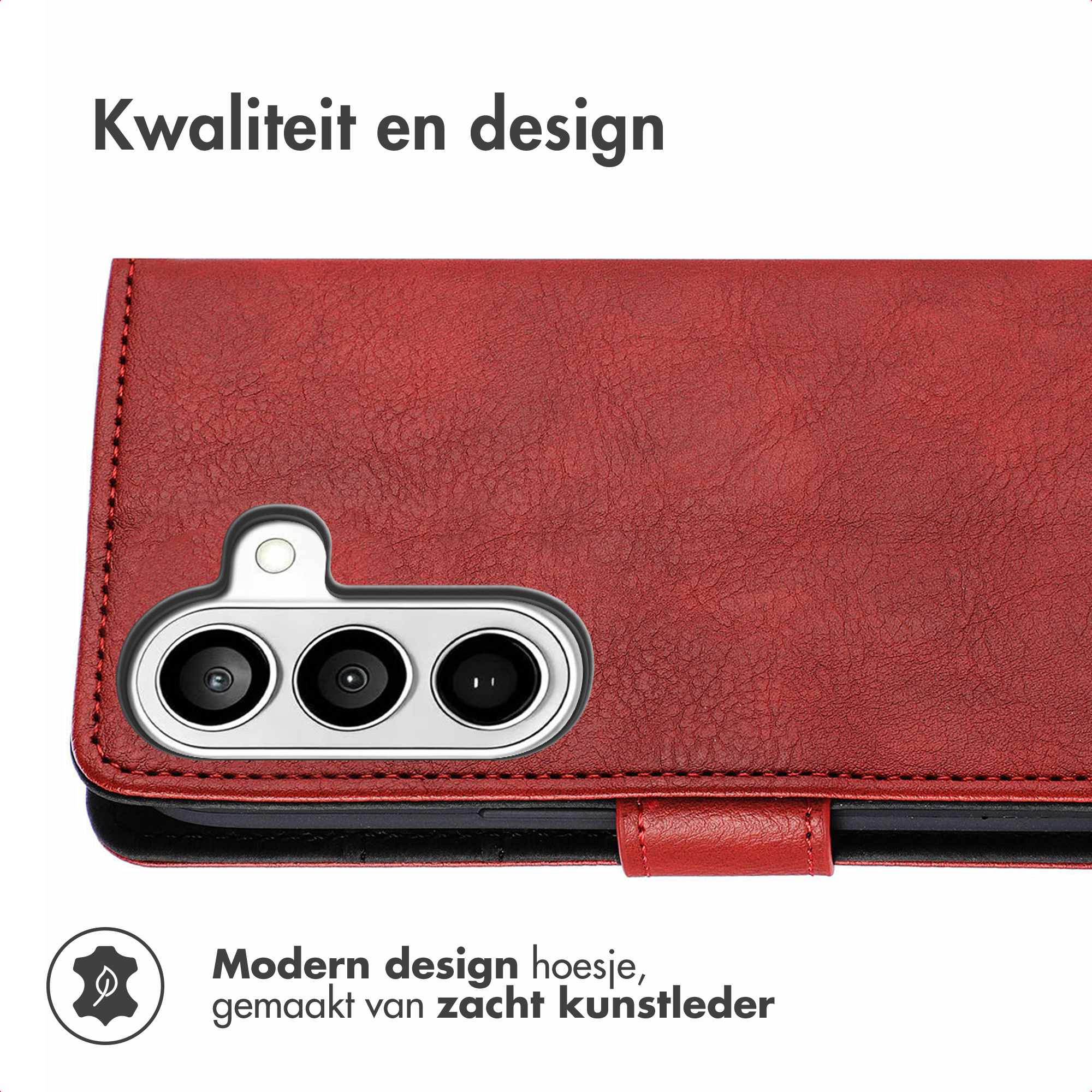 Rode kunstleren telefoonhoes met drie cameralenzen en een zegelicoon.