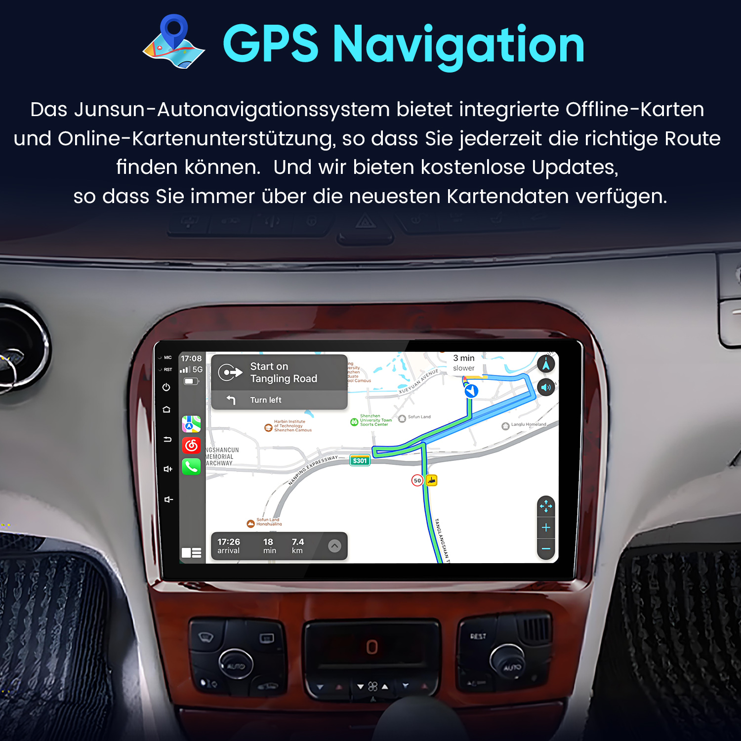 Ein Navigationssystem zeigt eine Karte mit einer Route, Ankunftszeit und Entfernung.