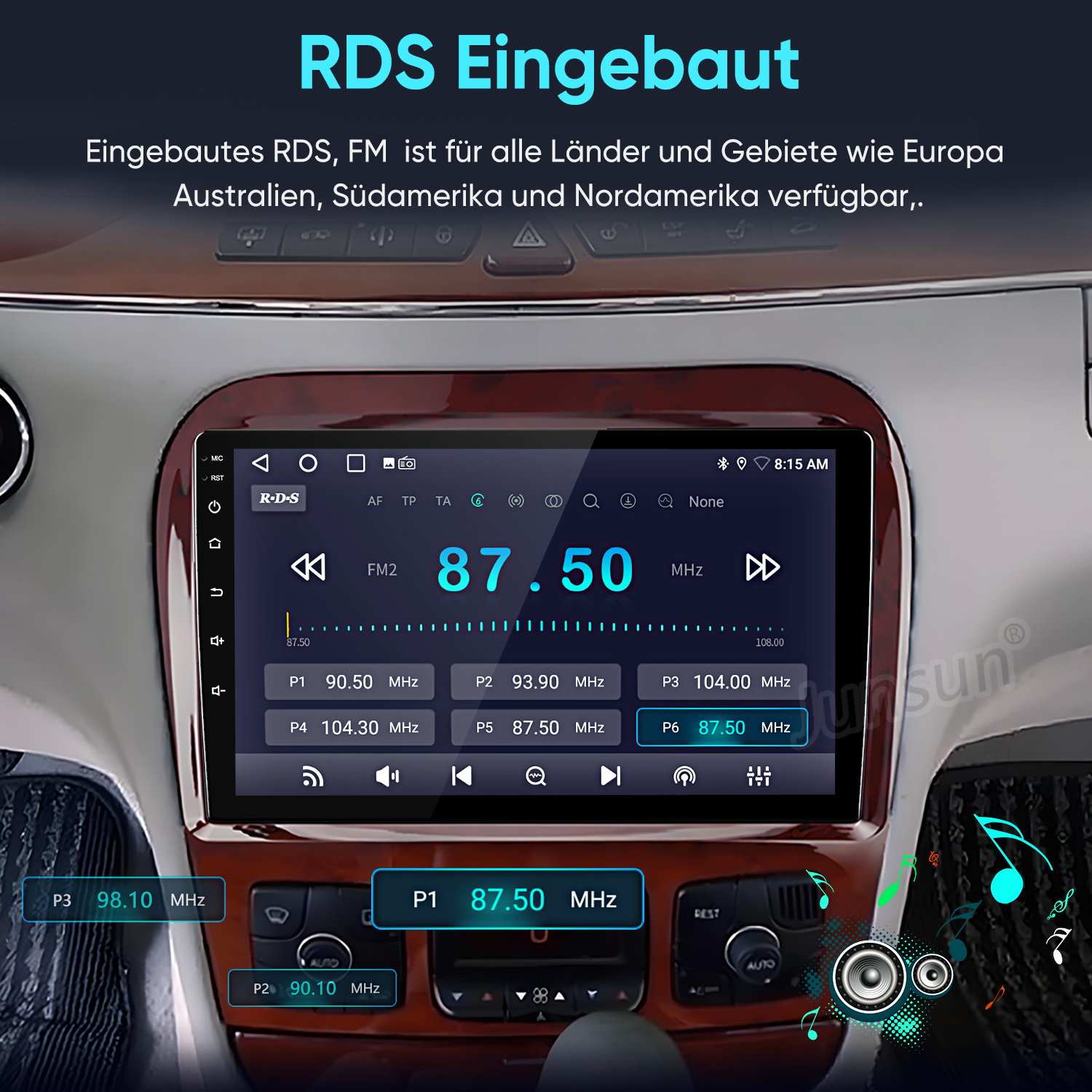 Einbau-RDS-Autoradio zeigt FM2 87.50 MHz an, mit gespeicherten Sendern.
